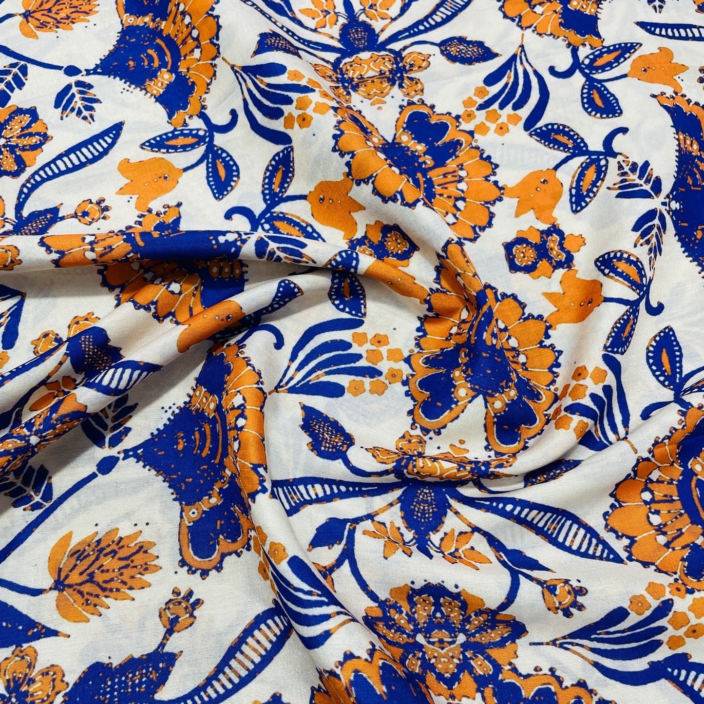 Cream With Mustard Purple Floral Print Muslin Fabric - TradeUNO