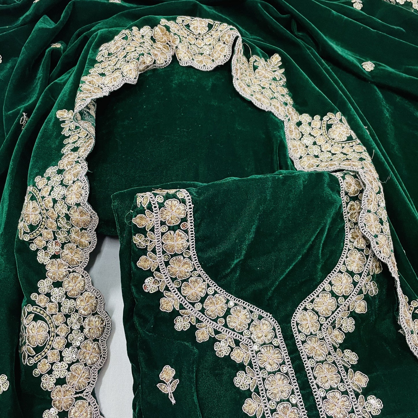 Premium Green Zari Sequence Embroidery Velvet Suit Set With Dupatta