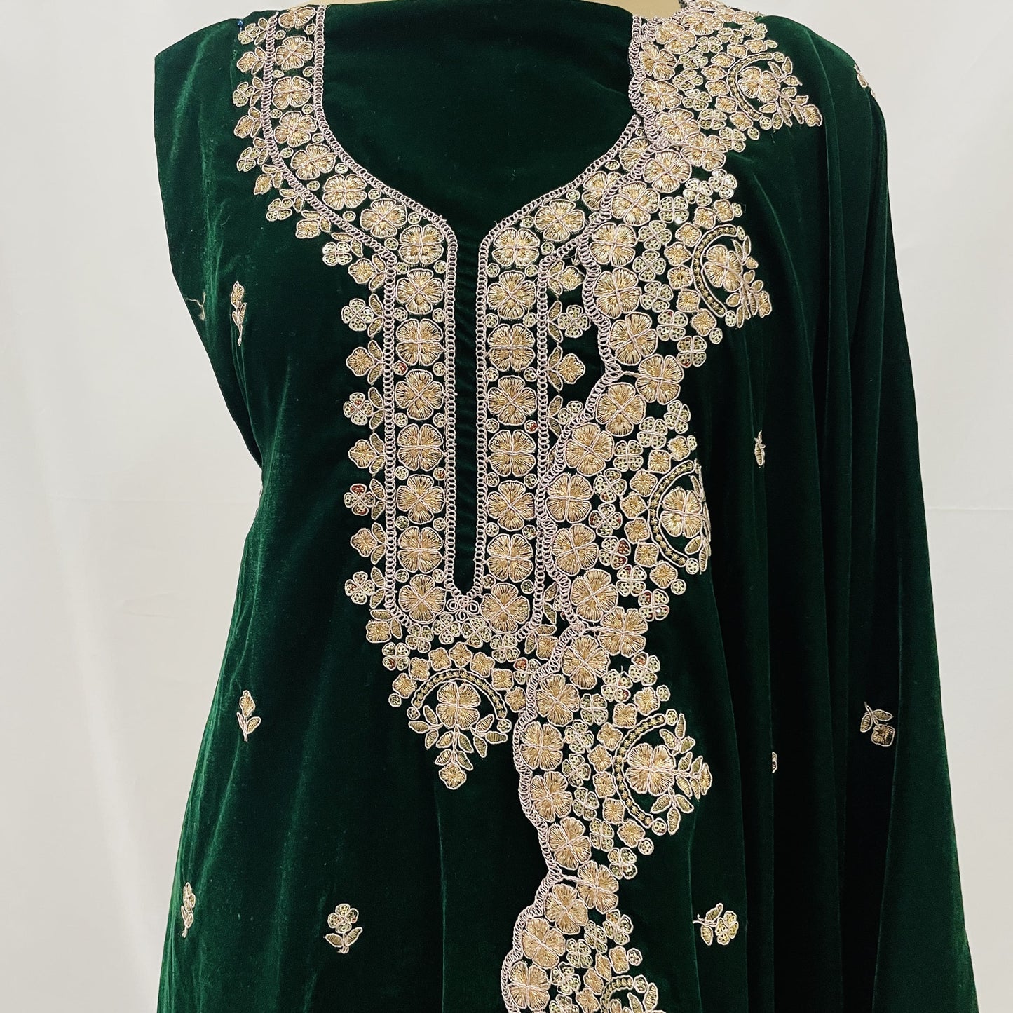 Premium Green Zari Sequence Embroidery Velvet Suit Set With Dupatta