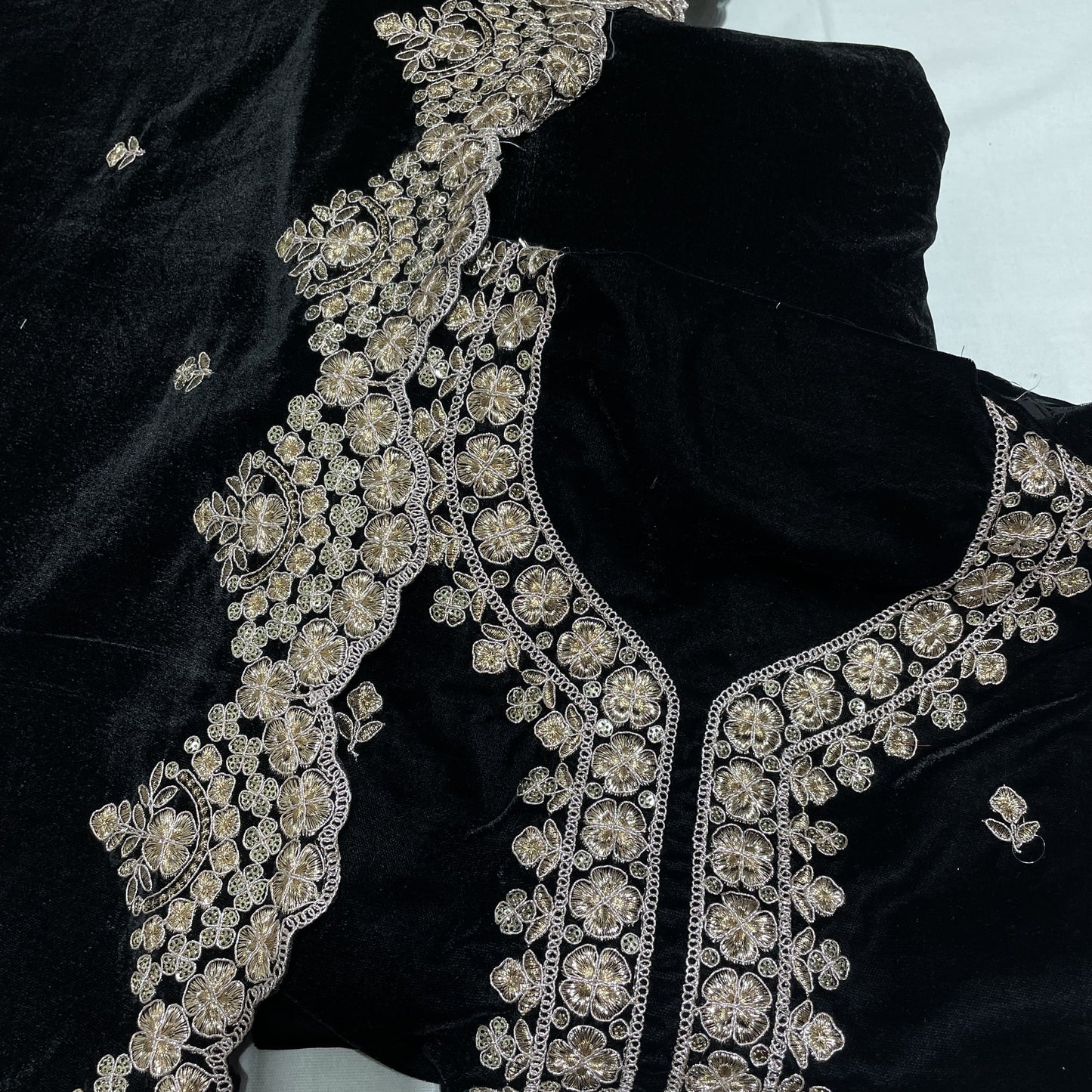 Premium Black Zari Sequence Embroidery Velvet Suit Set With Dupatta
