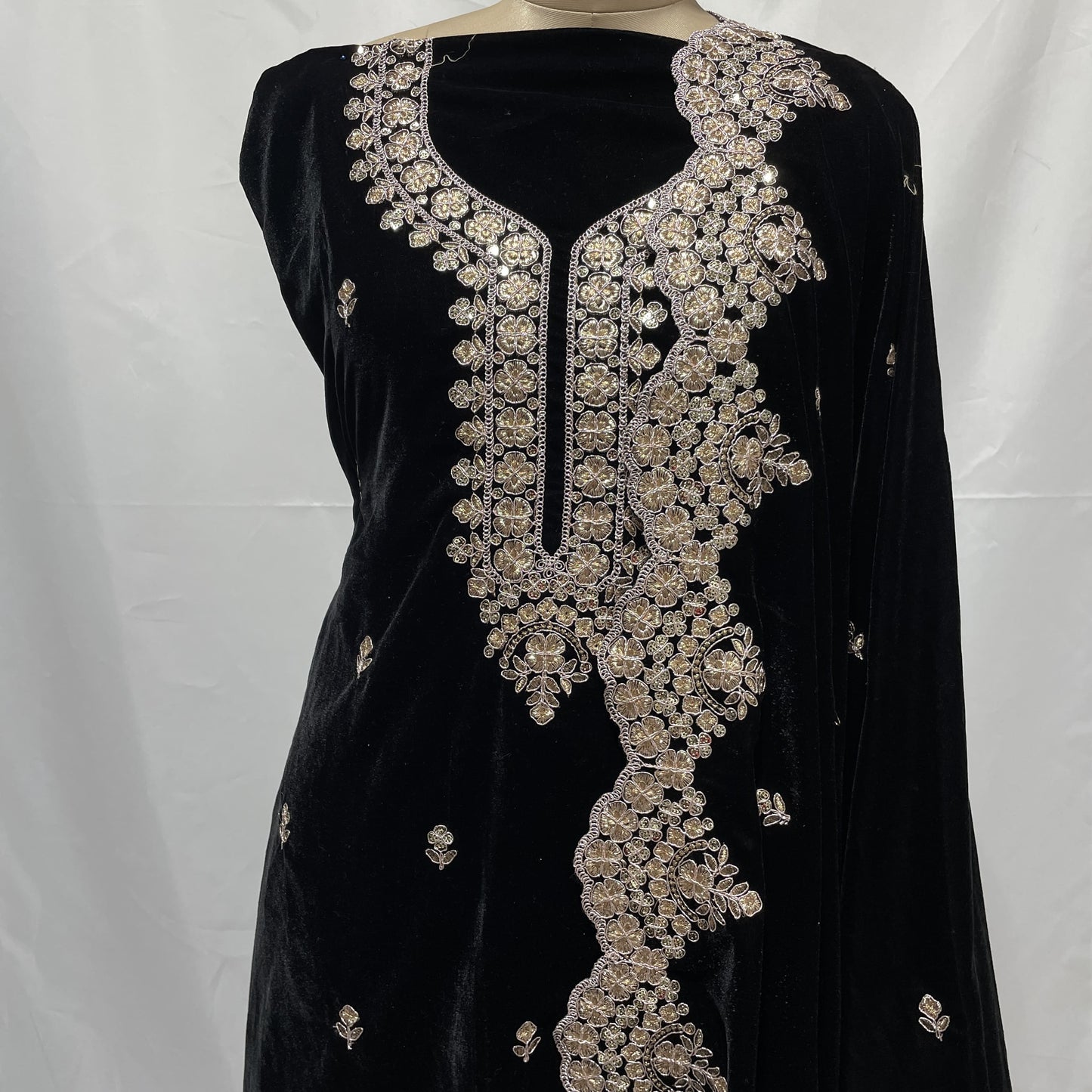 Premium Black Zari Sequence Embroidery Velvet Suit Set With Dupatta