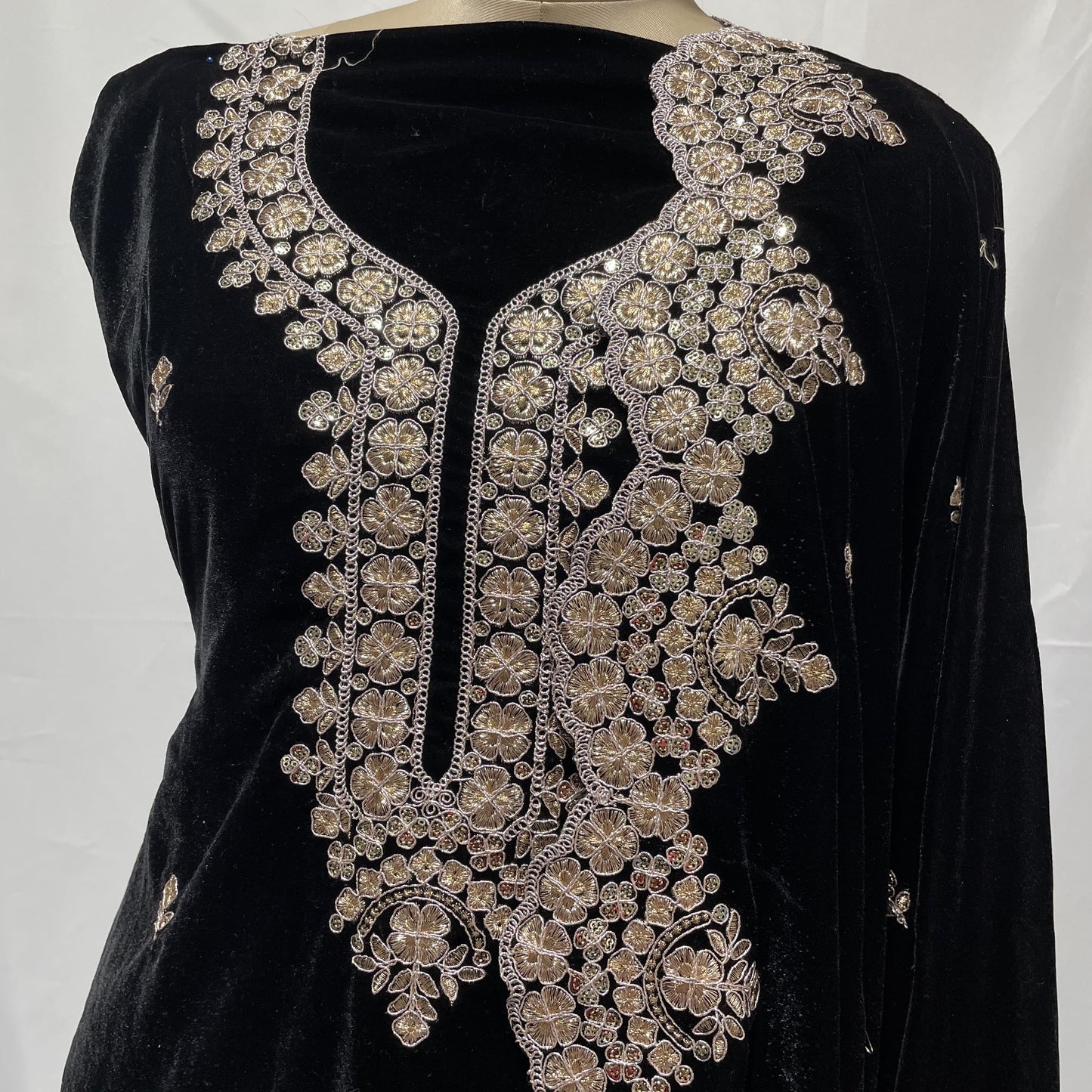 Premium Black Zari Sequence Embroidery Velvet Suit Set With Dupatta