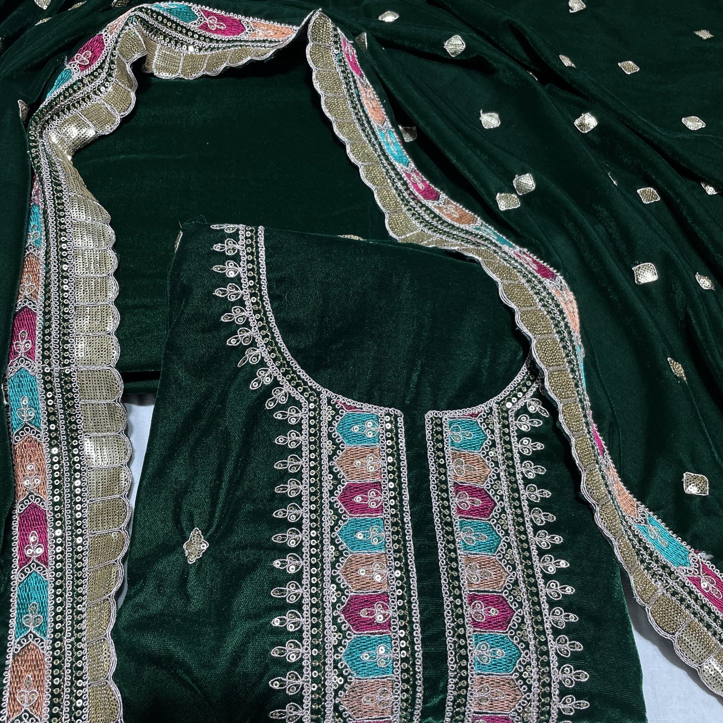Premium Green Thread Sequence Embroidery Velvet Suit Set With Dupatta