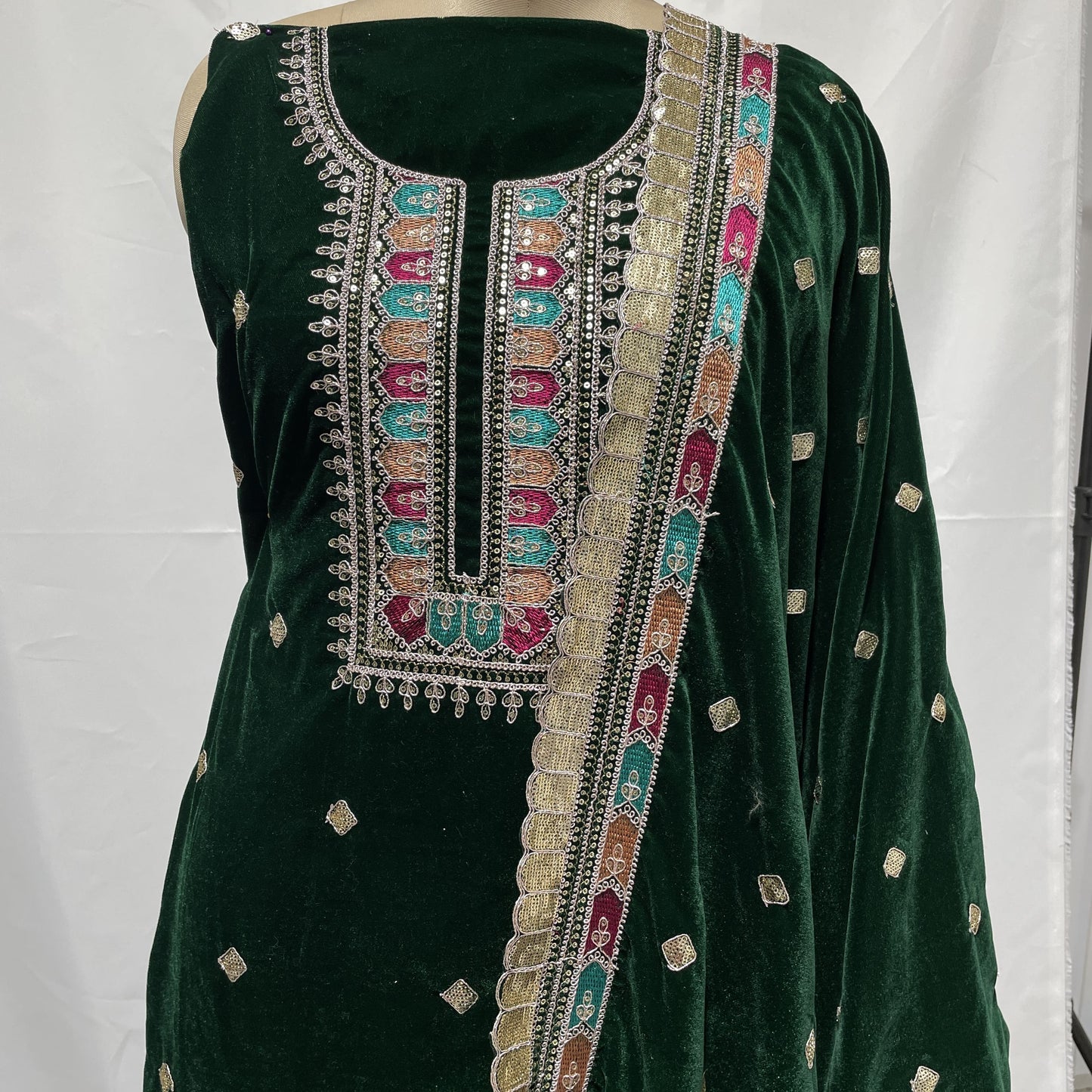 Premium Green Thread Sequence Embroidery Velvet Suit Set With Dupatta