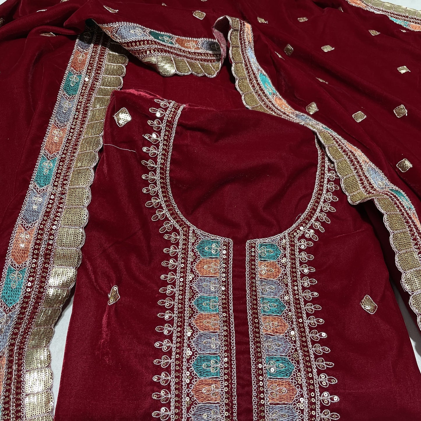 Premium Red Thread Sequence Embroidery Velvet Suit Set With Dupatta
