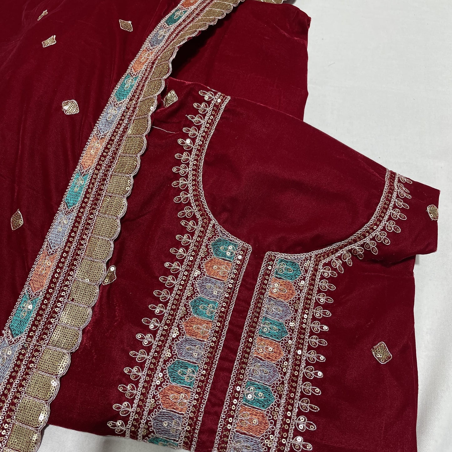 Premium Red Thread Sequence Embroidery Velvet Suit Set With Dupatta