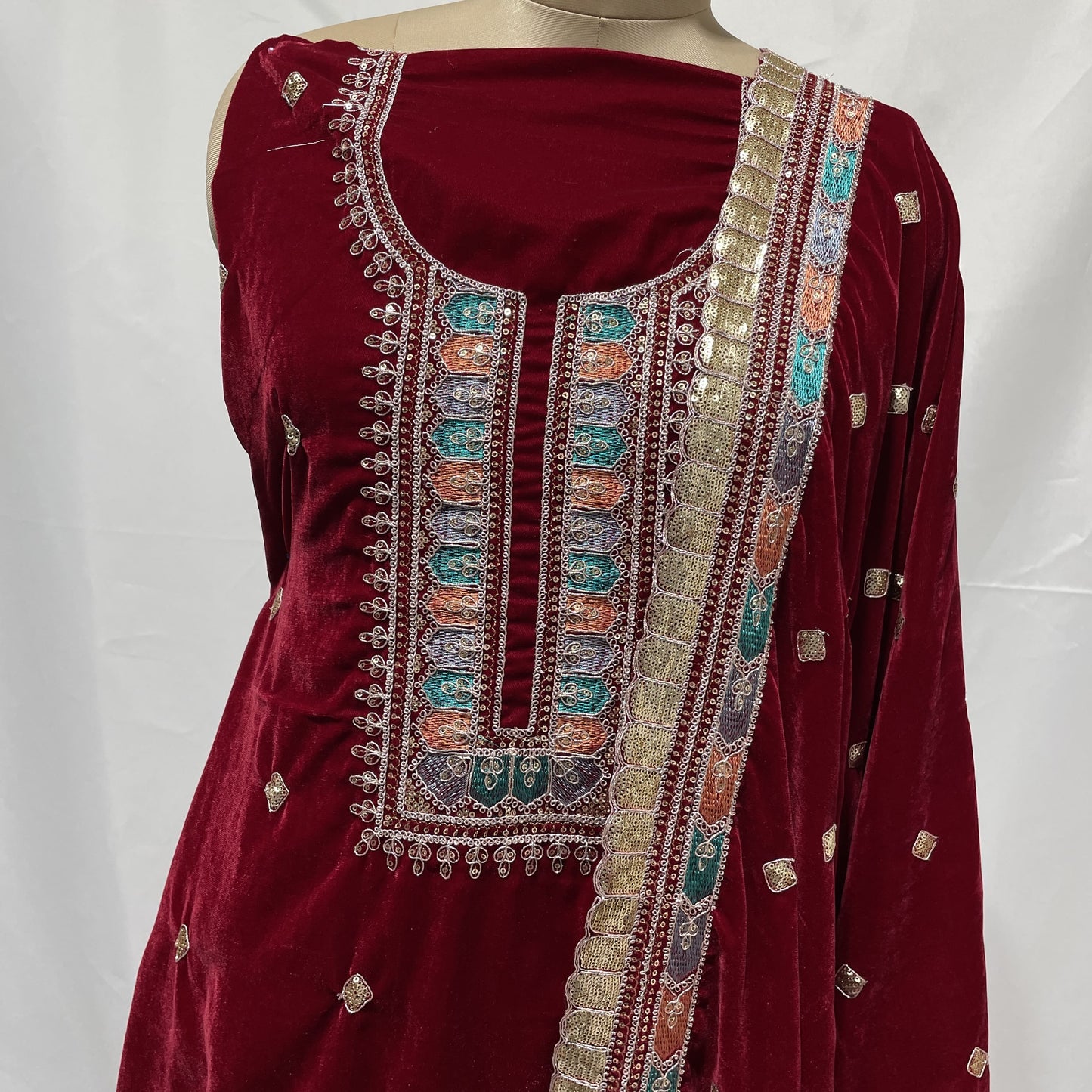 Premium Red Thread Sequence Embroidery Velvet Suit Set With Dupatta
