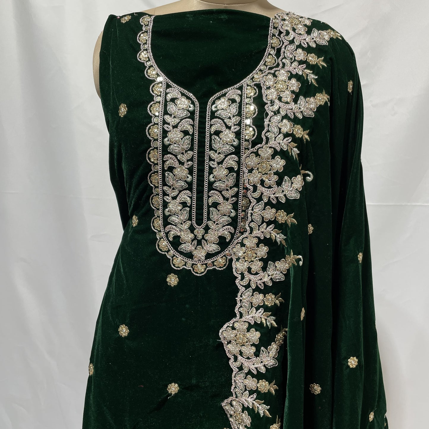 Premium Green Zari Embroidery Velvet Suit Set With Dupatta