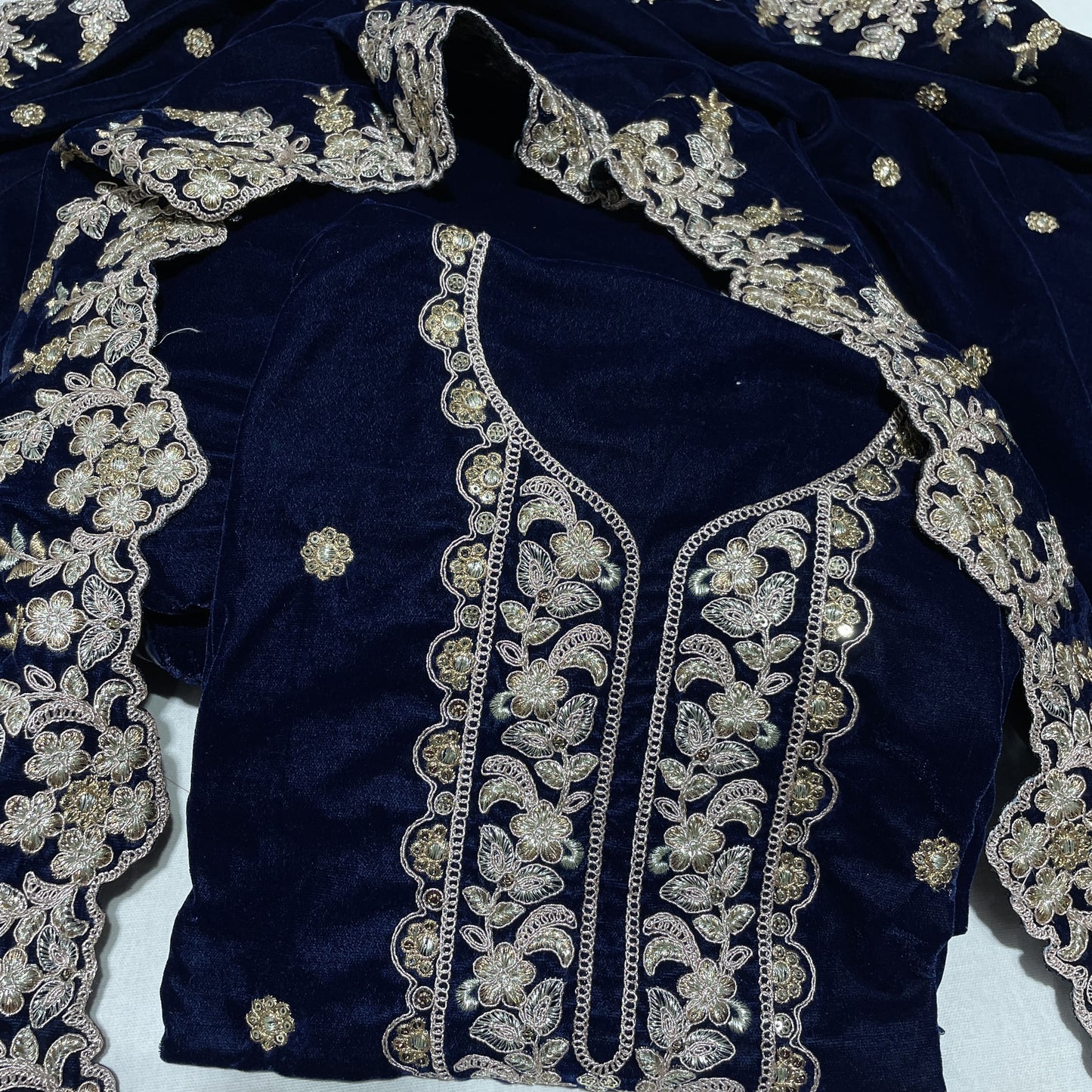 Premium Blue Zari Embroidery Velvet Suit Set With Dupatta