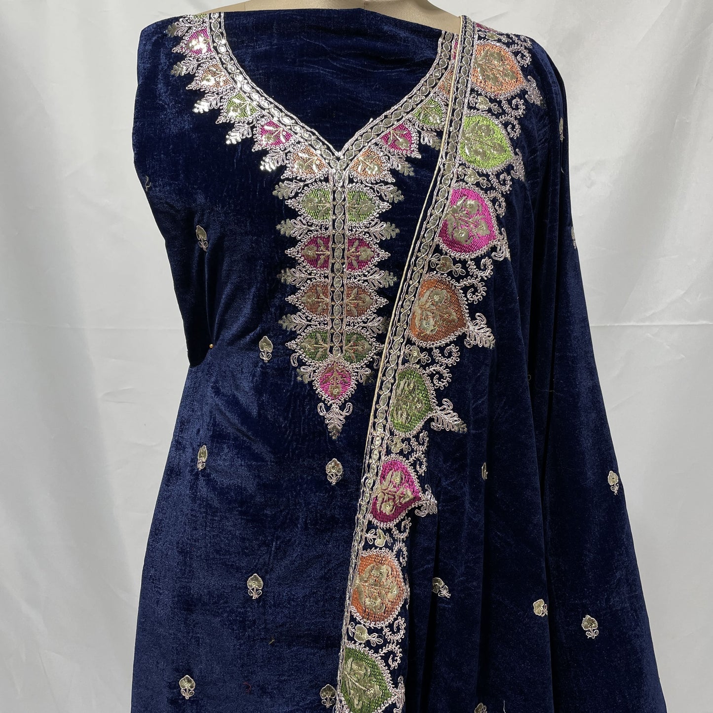 Premium Blue Multicolor Thread Sequence Embroidery Velvet Suit Set With Dupatta