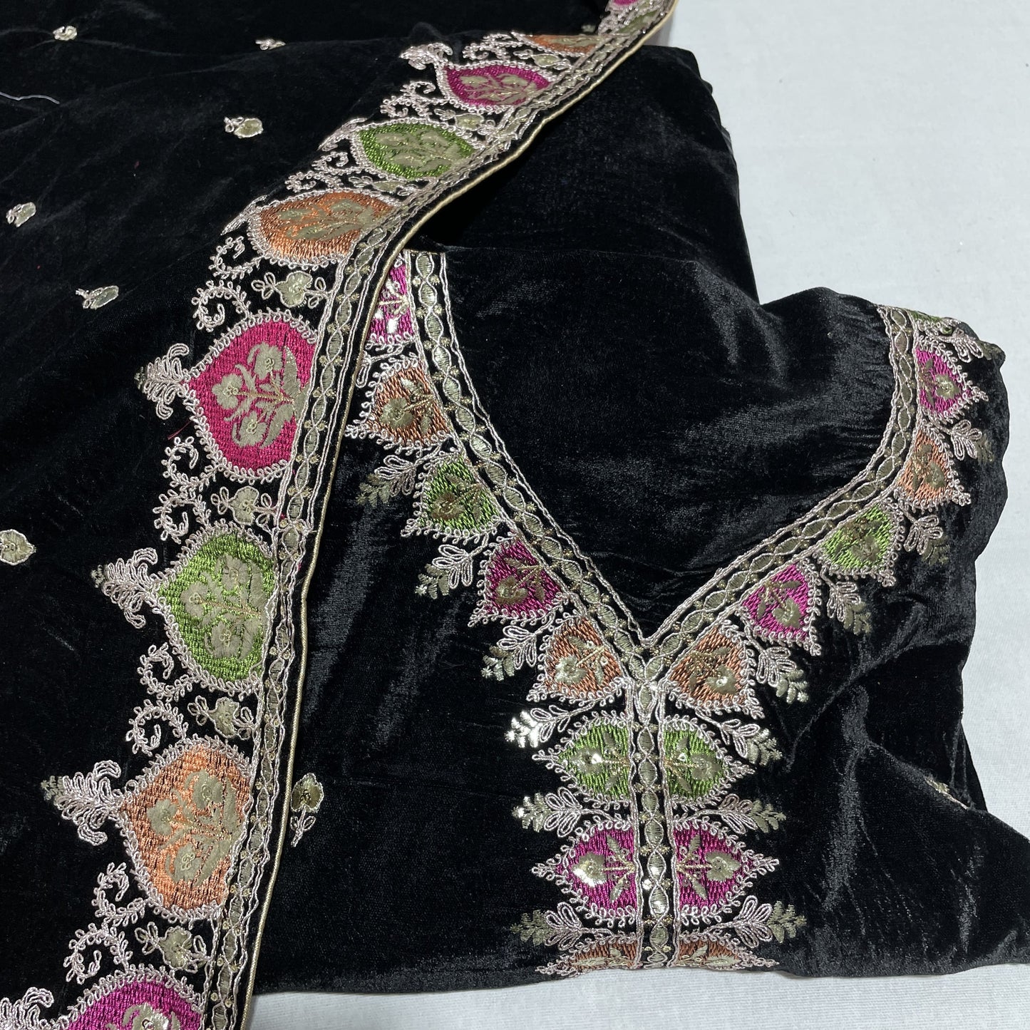 Premium Black Multicolor Thread Sequence Embroidery Velvet Suit Set With Dupatta