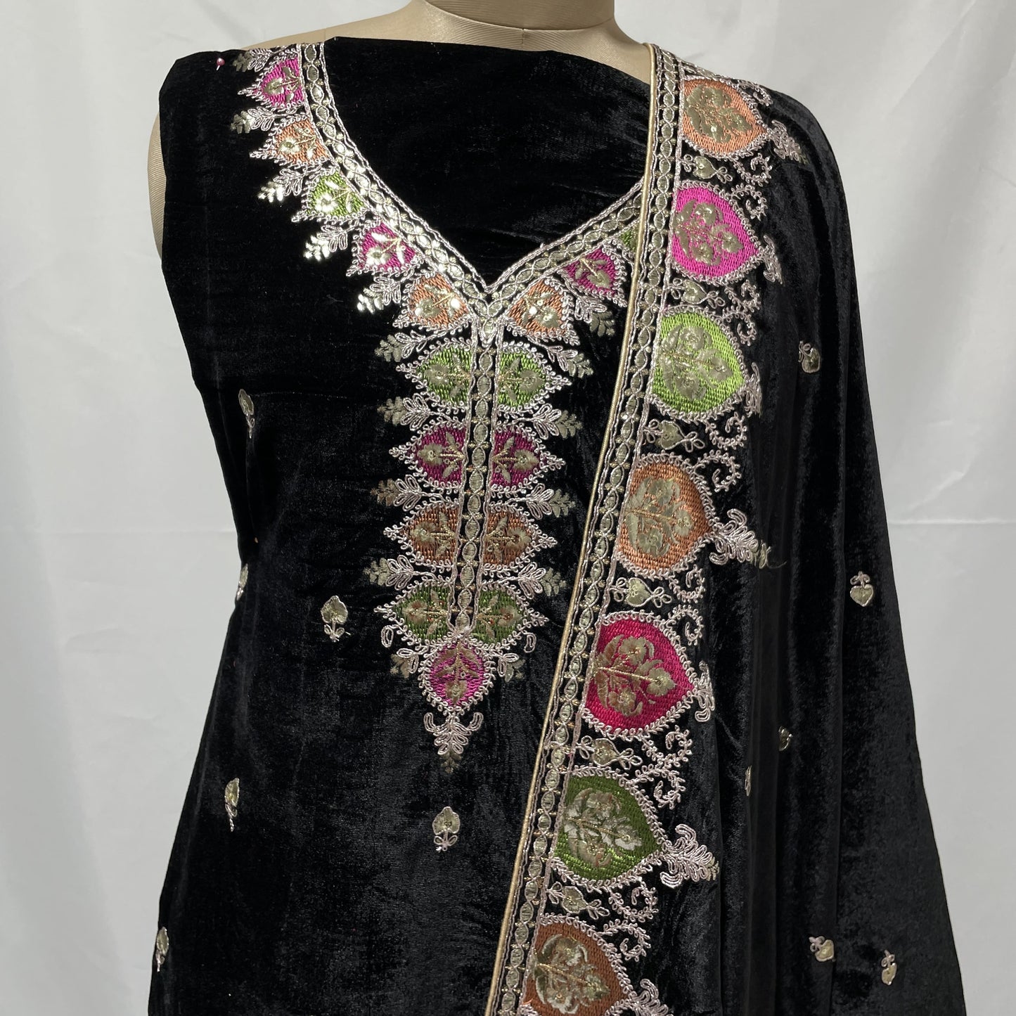 Premium Black Multicolor Thread Sequence Embroidery Velvet Suit Set With Dupatta