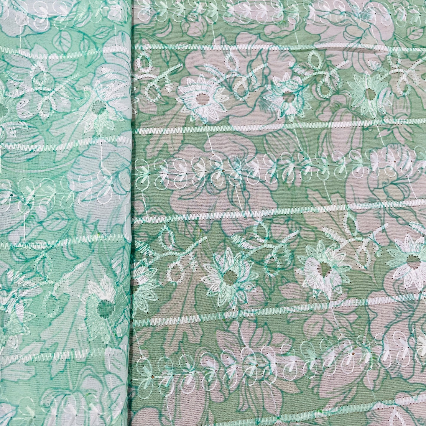 Green & White Thread Embroidery Imported Organza Chiffon Fabric - TradeUNO