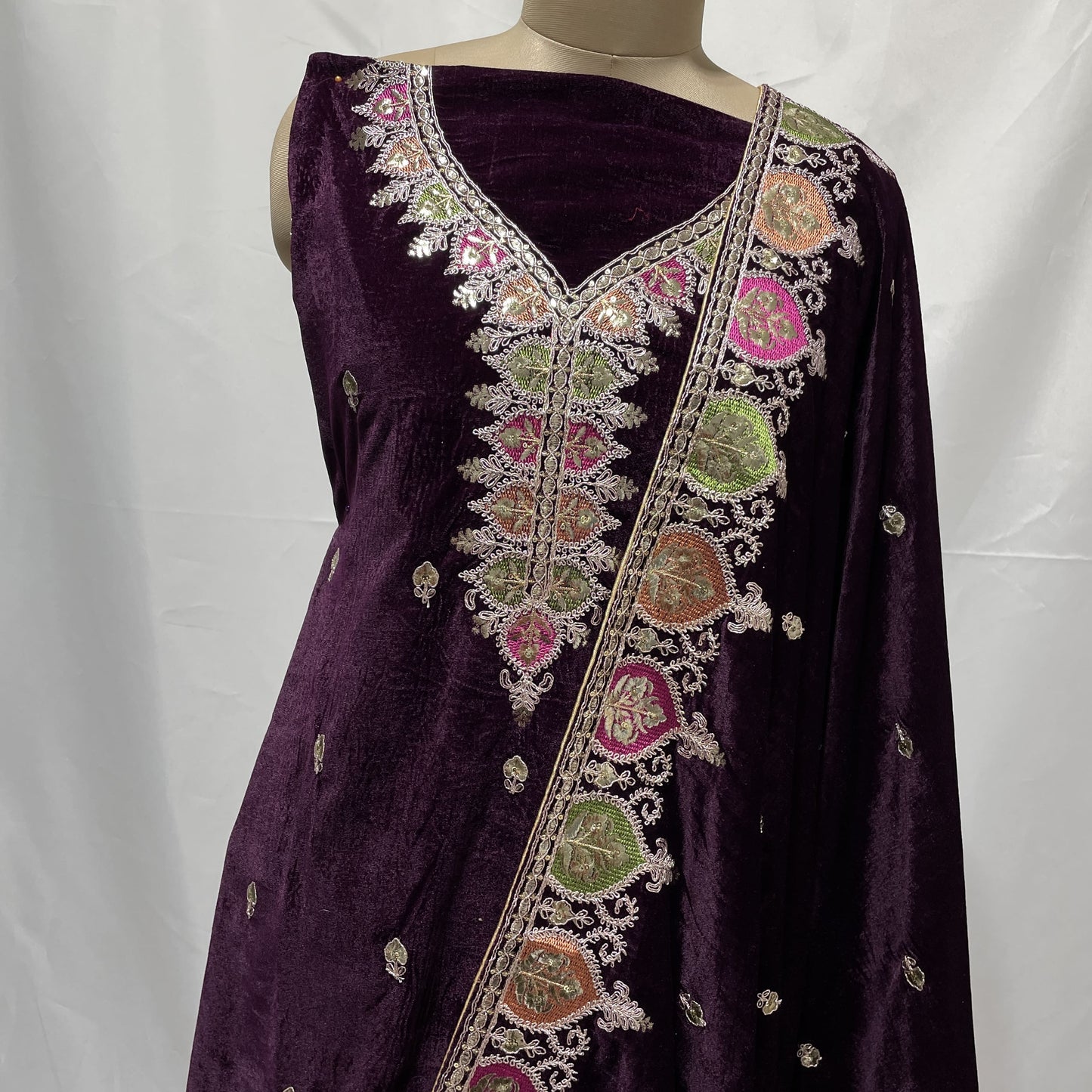 Premium Wine Multicolor Thread Sequence Embroidery Velvet Suit Set With Dupatta