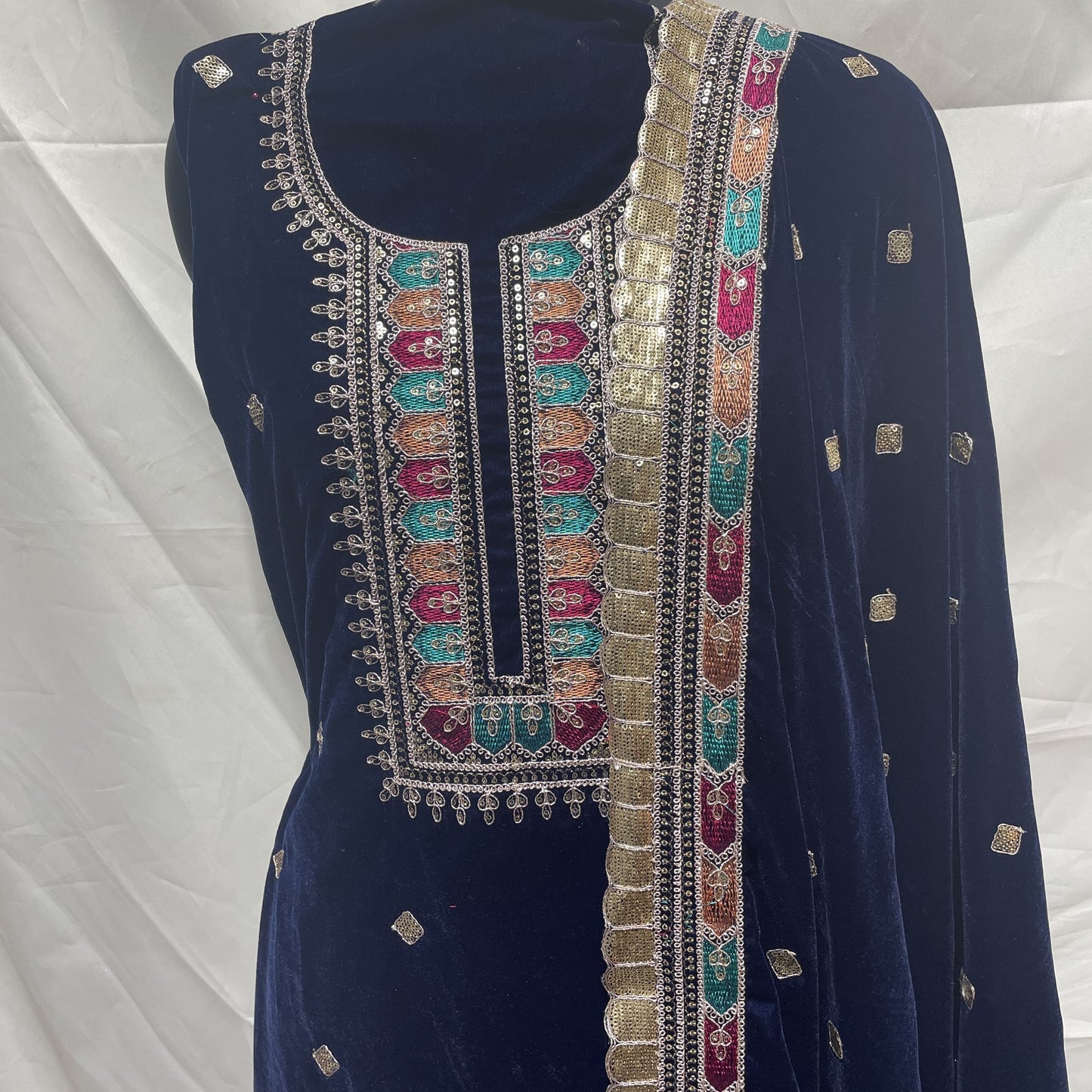 Premium Blue Thread Sequence Embroidery Velvet Suit Set With Dupatta