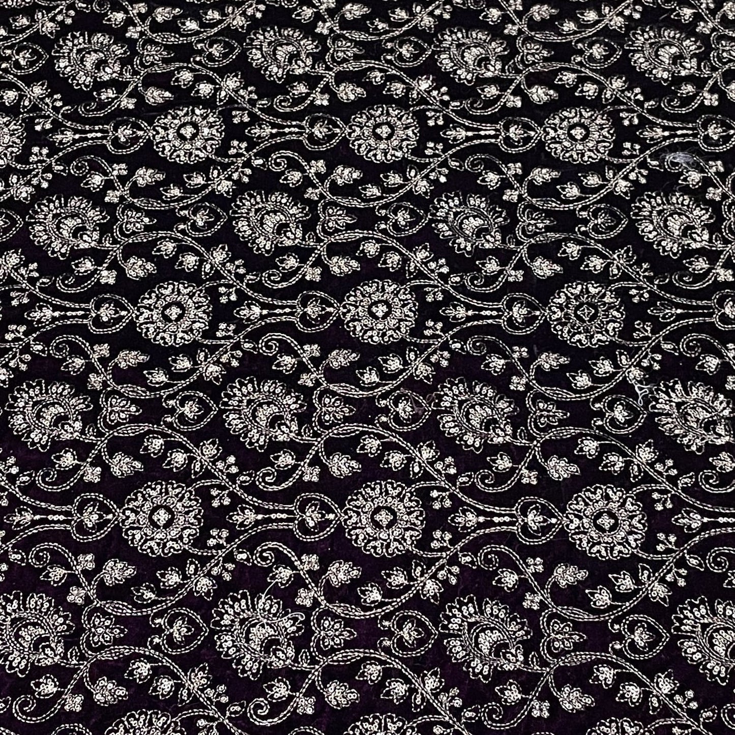 Premium Purple Floral Zari Sequence Embroidery Velvet Fabric