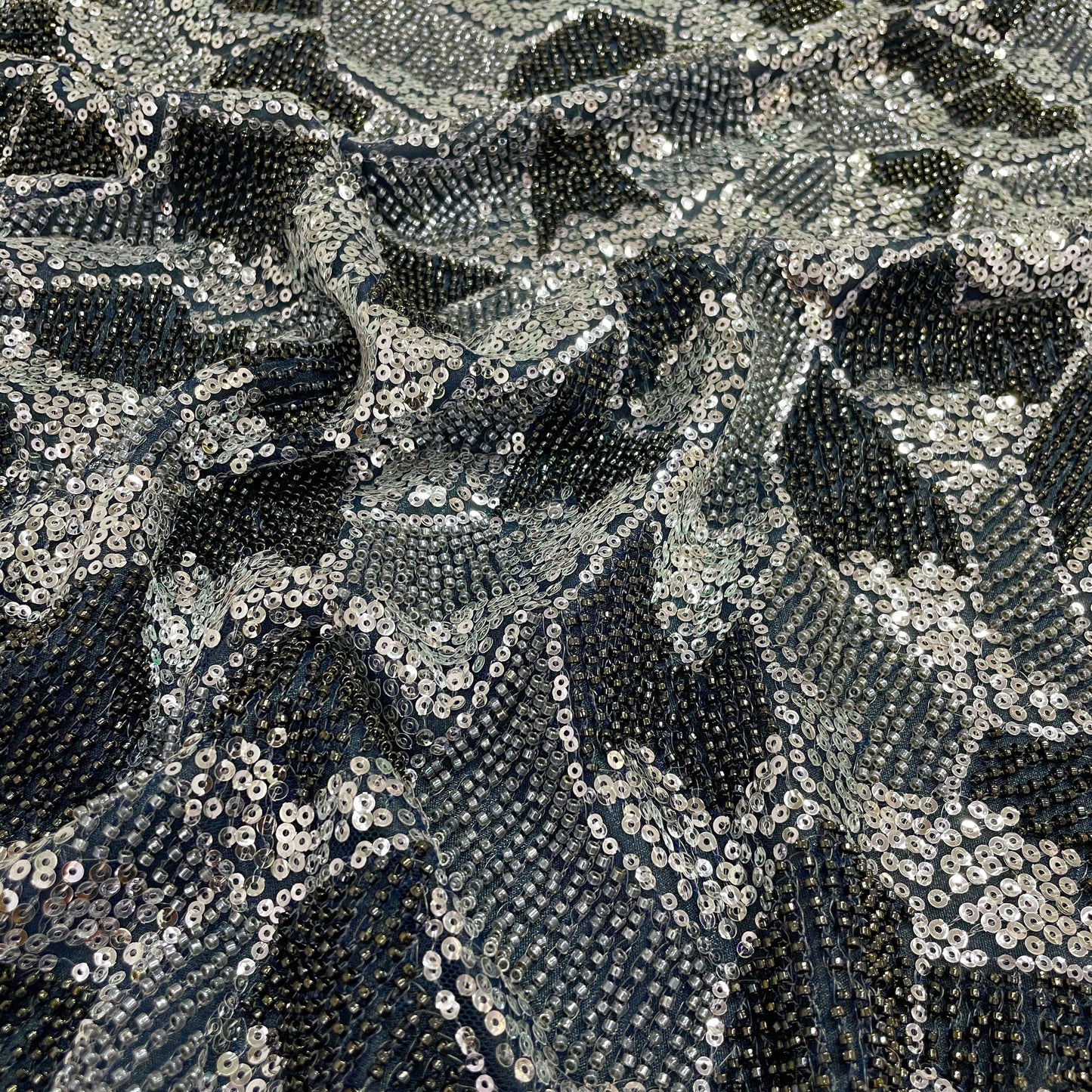 navy blue silver beads imported sequence embroidery net fabric
