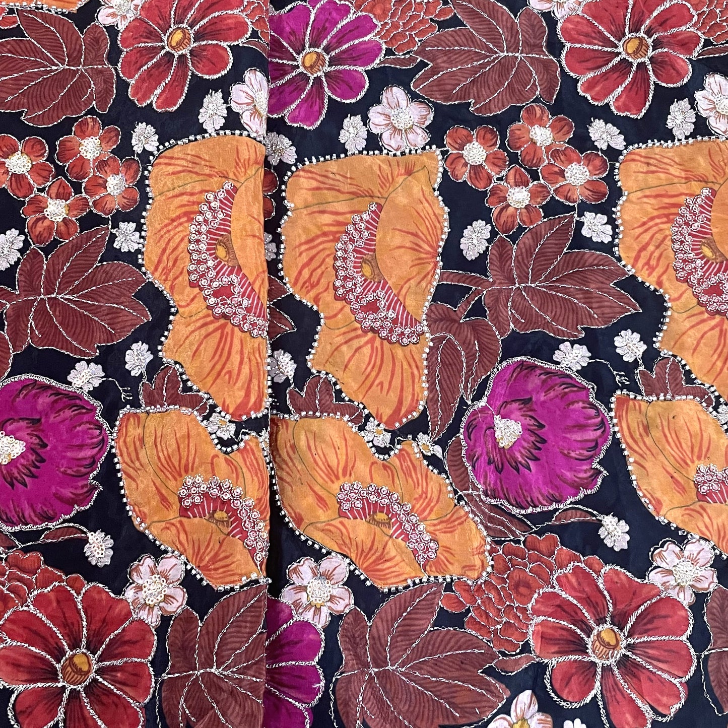 Classic Black Multicolor Floral Sequence Pearl Embroidery Natural Crepe Fabric