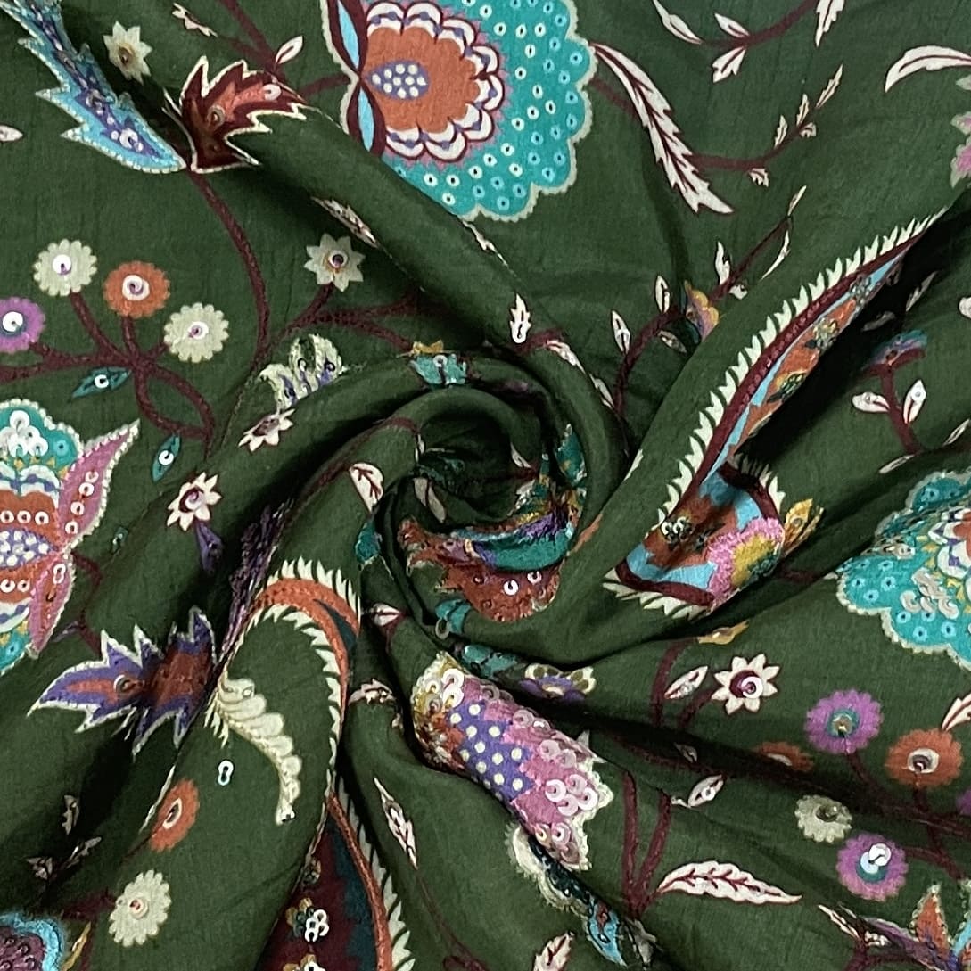 Classic Olive Green Multicolor Floral Sequence Embroidery Dola Silk Fabric