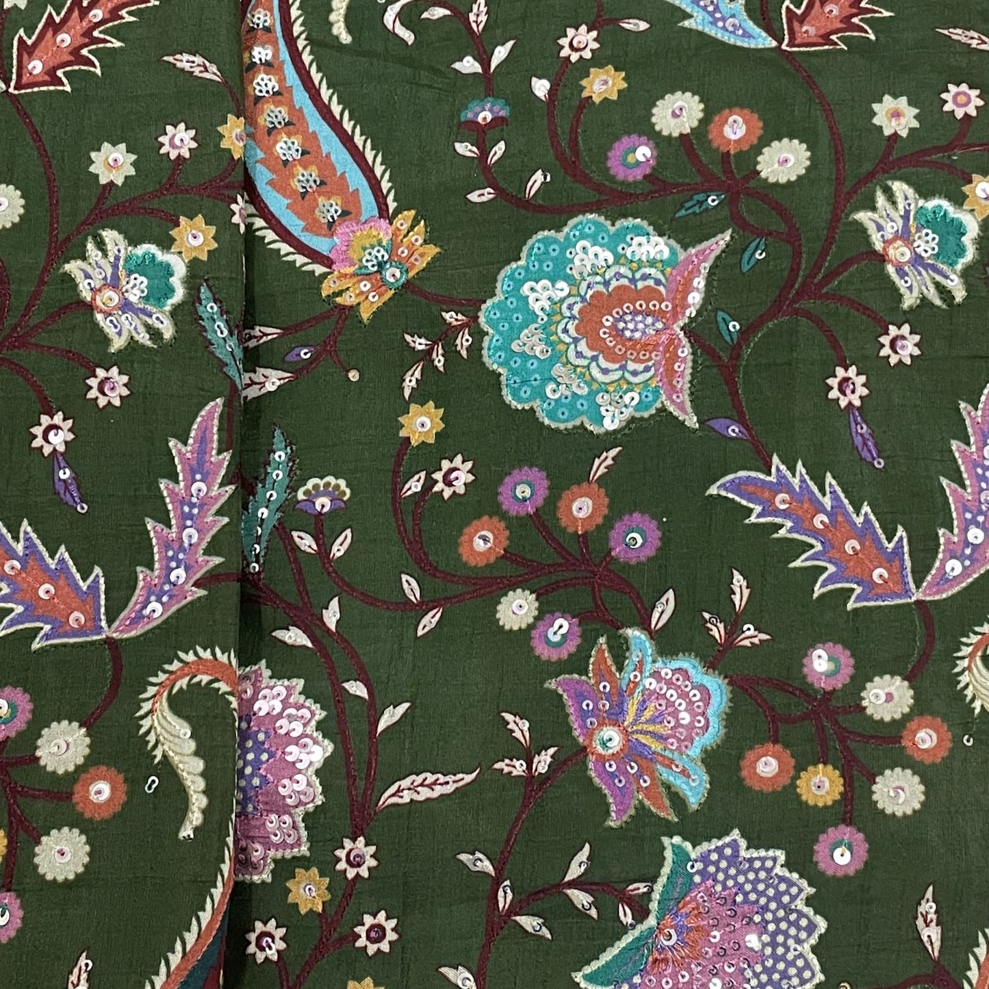 Classic Olive Green Multicolor Floral Sequence Embroidery Dola Silk Fabric