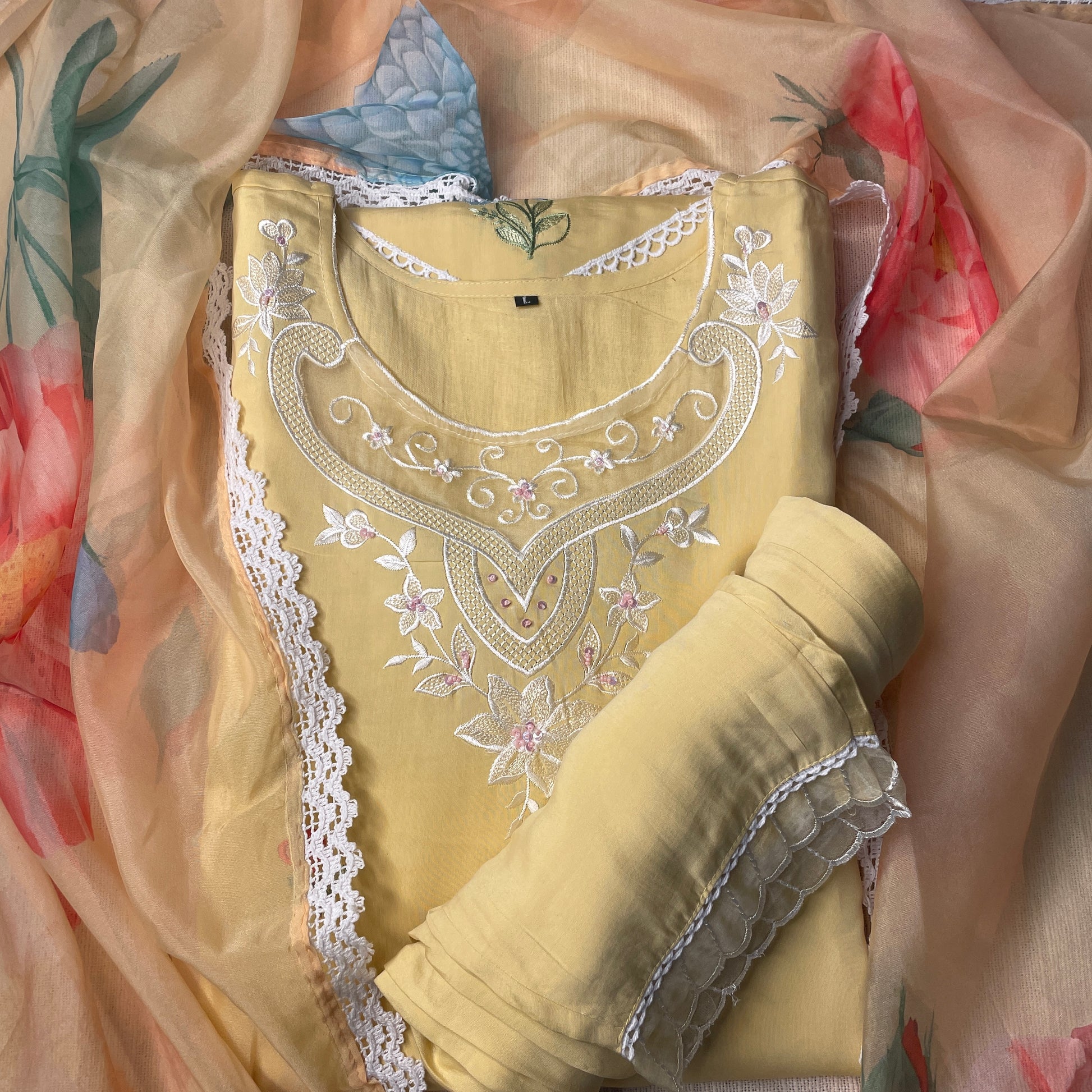 Exclusive Suit Set With Dupatta (Top-Cotton Silk, Bottom-Muslin, Dupatta-Oraganza) Light Yellow Tread Embroidery Fabric