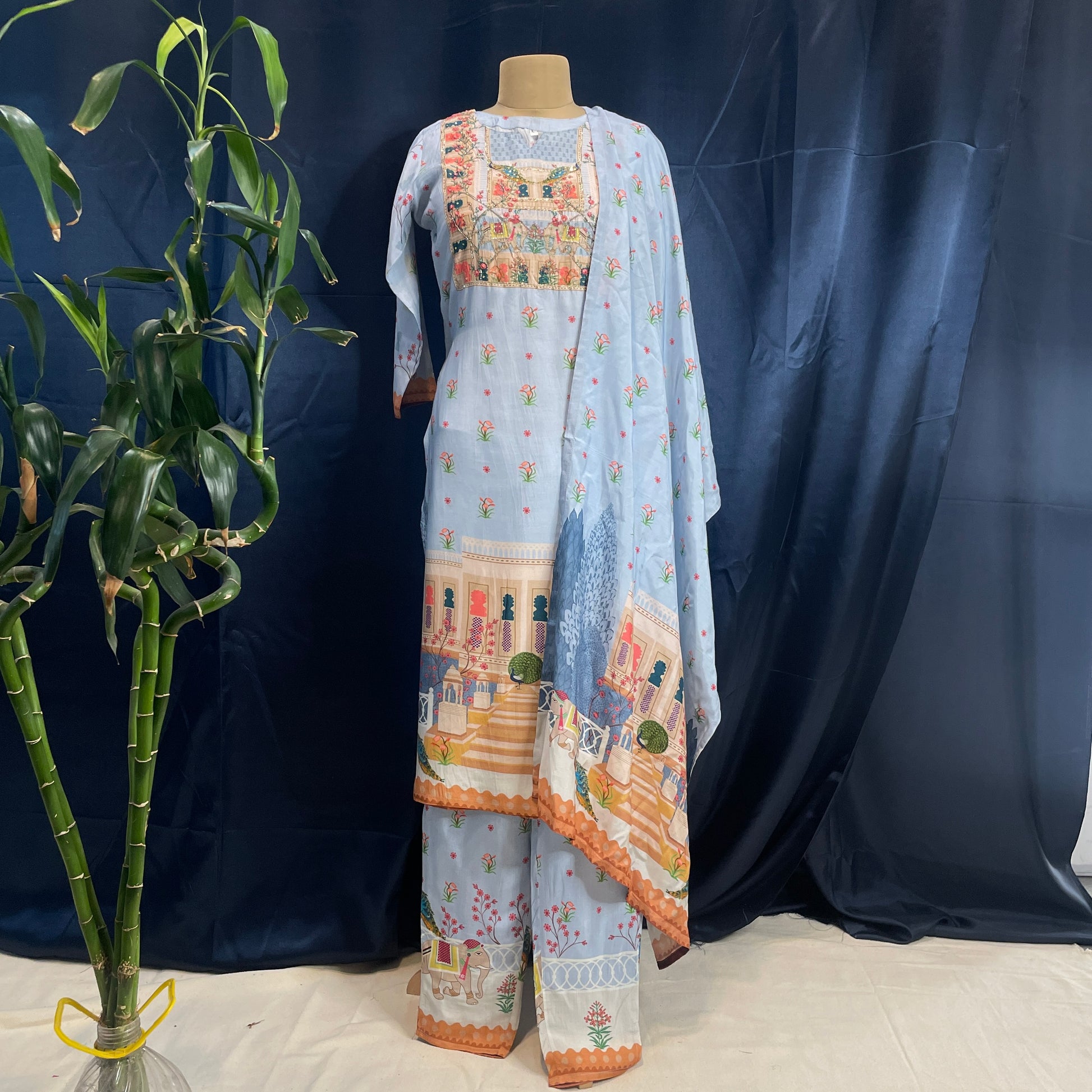 Exclusive Suit Set With Dupatta (Muslin silk) Blue CutDana Not Embroidery Fabric