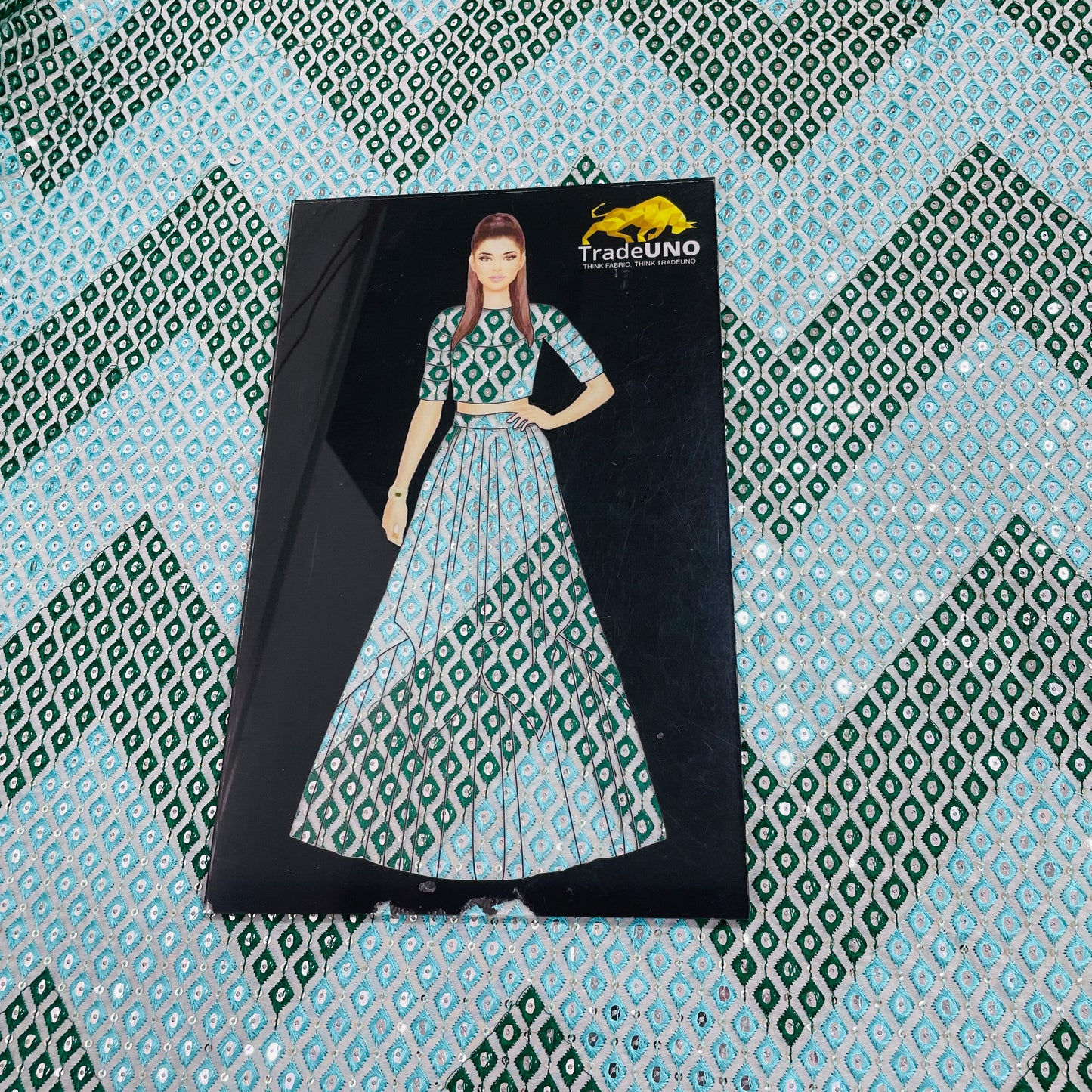 Sea Blue & Dark Green Chevron Mirror Embroidery Georgette Fabric