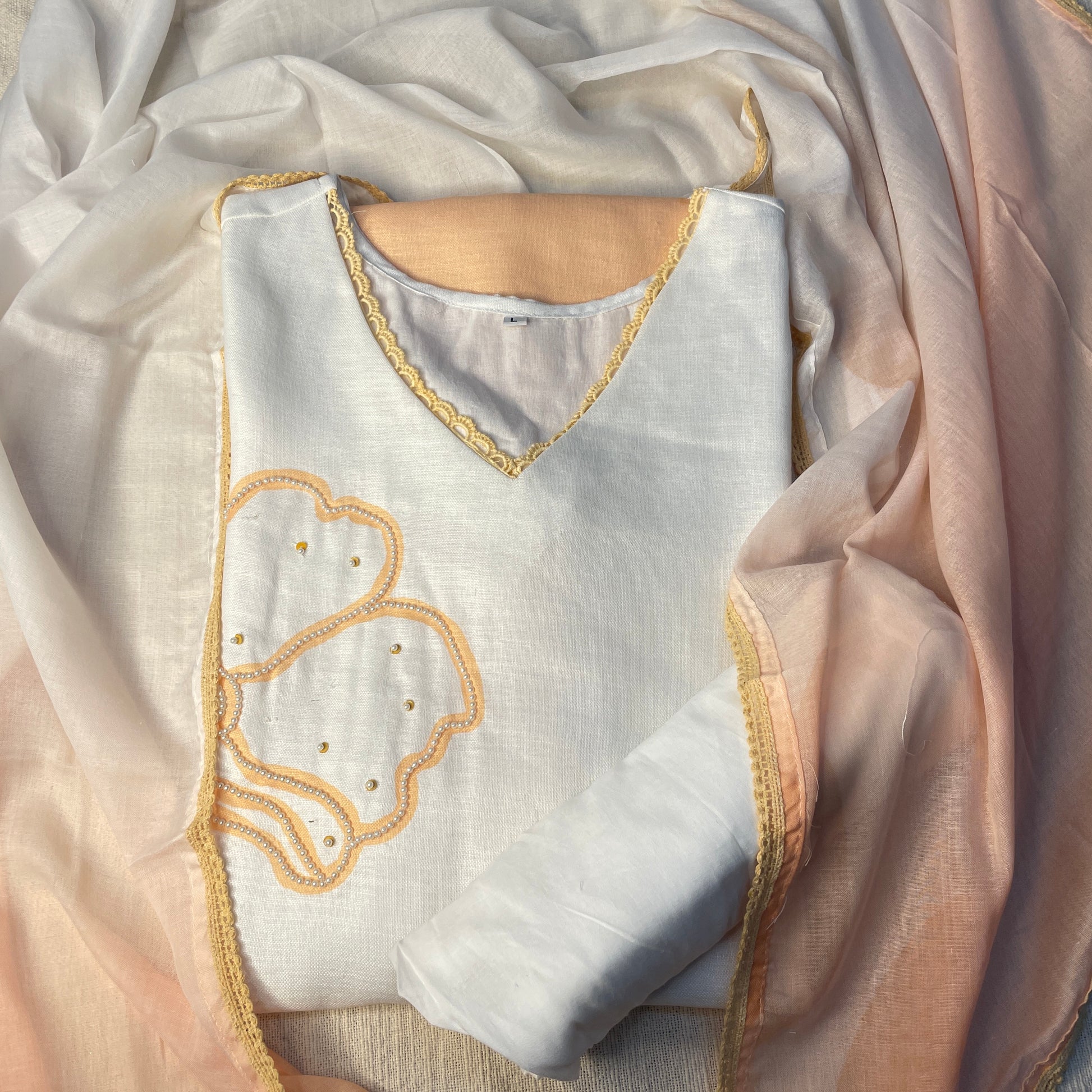 Exclusive Suit Set With Dupatta (Top-Linen, Bottom-Mulmul, Dupatta-Mulmul) White Pearl Embroidery Fabric