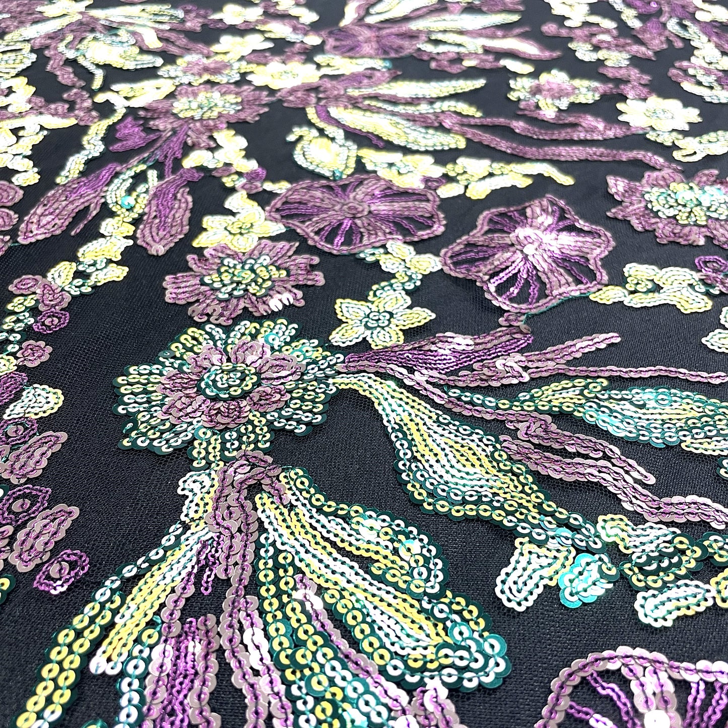premium black mulitcolor floral sequence thread embroidery net fabric 1