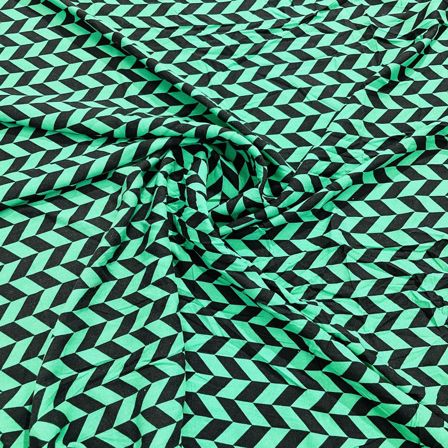 Green & Black Geometrical Print Crepe Fabric