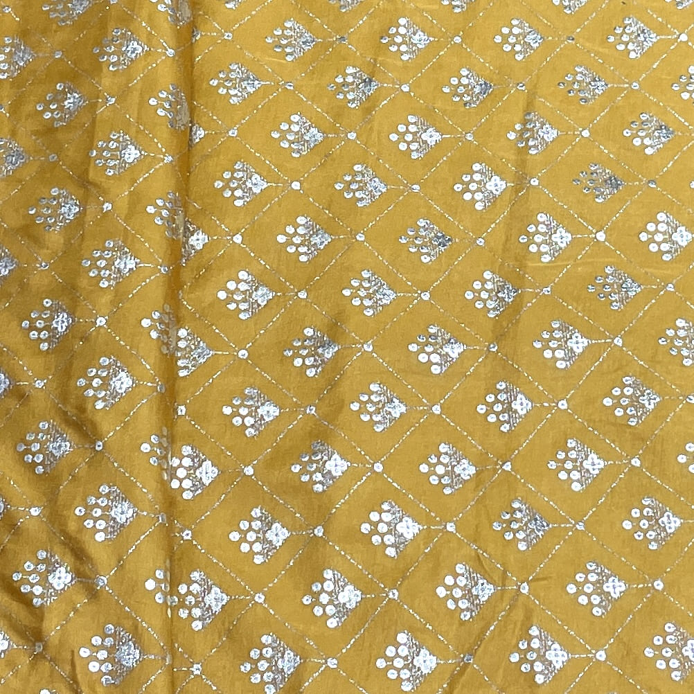 Premium Mustard Yellow Buti Floral Foil Print Silk Fabric