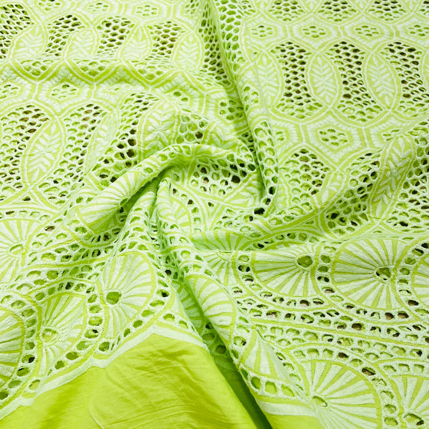Green Geometerical Embroidery Cotton Schiffli Fabric Cotton Schiffli