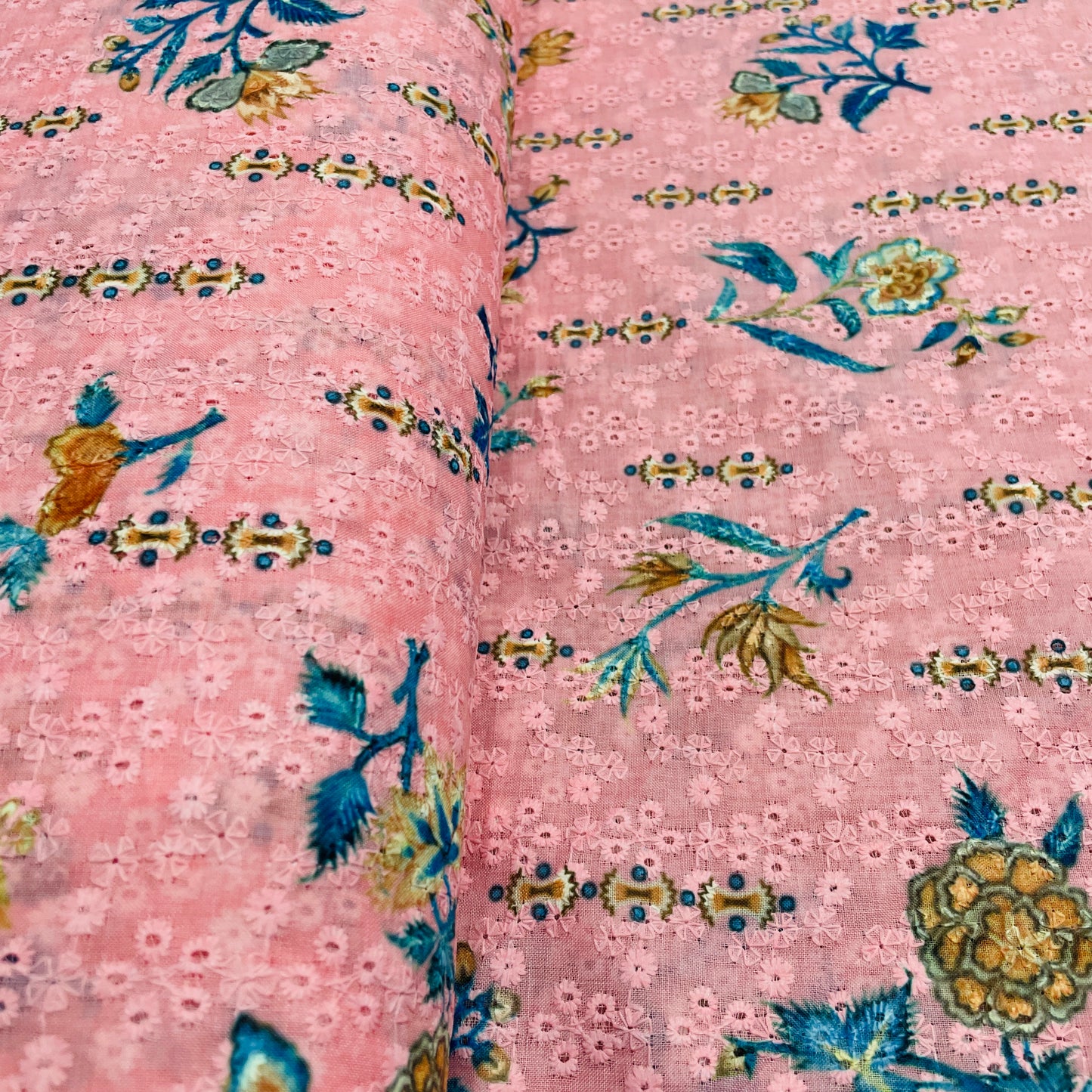 Pink & Blue Floral Embroidery Schiffli Cotton Schiffli Fabric