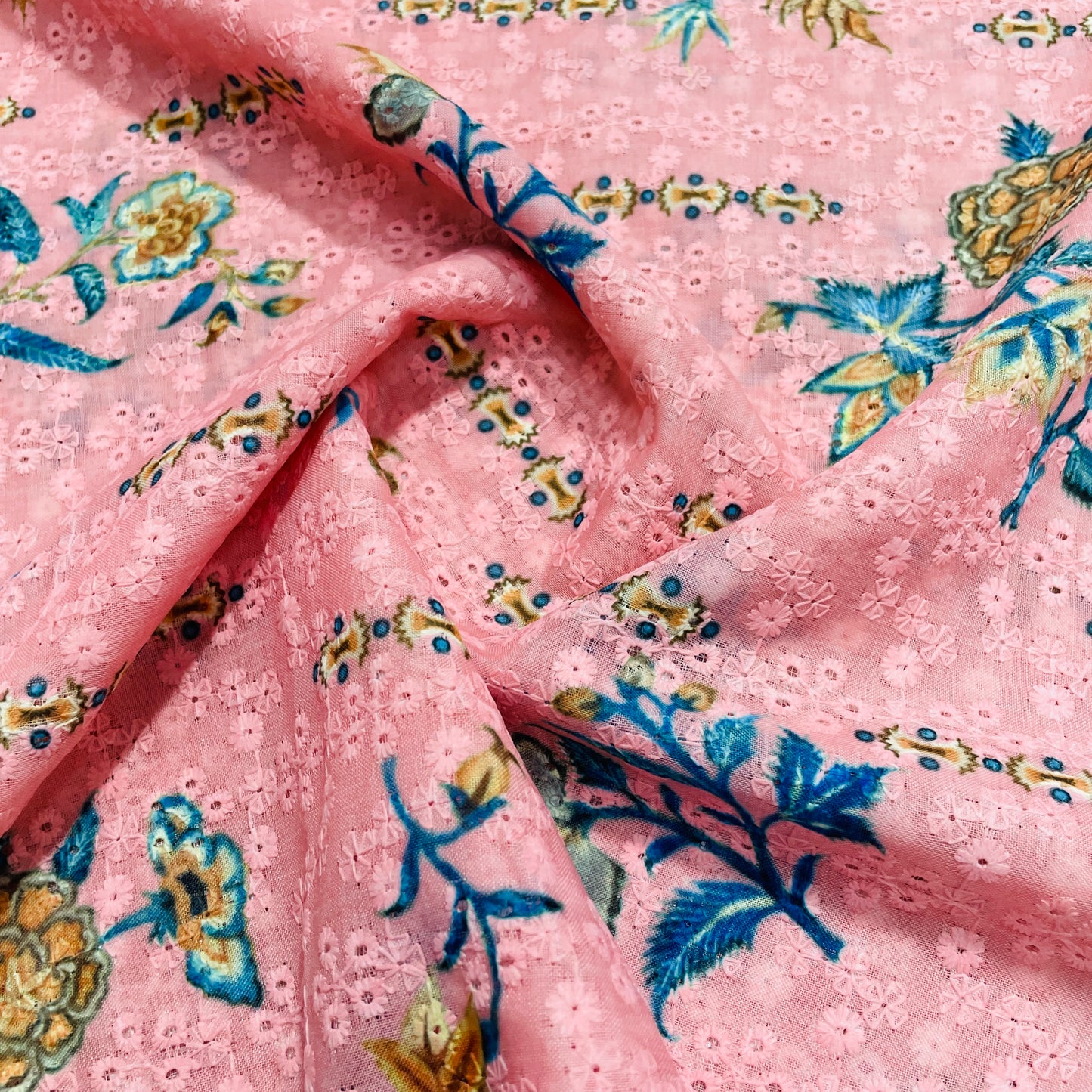 Pink & Blue Floral Embroidery Schiffli Cotton Schiffli Fabric