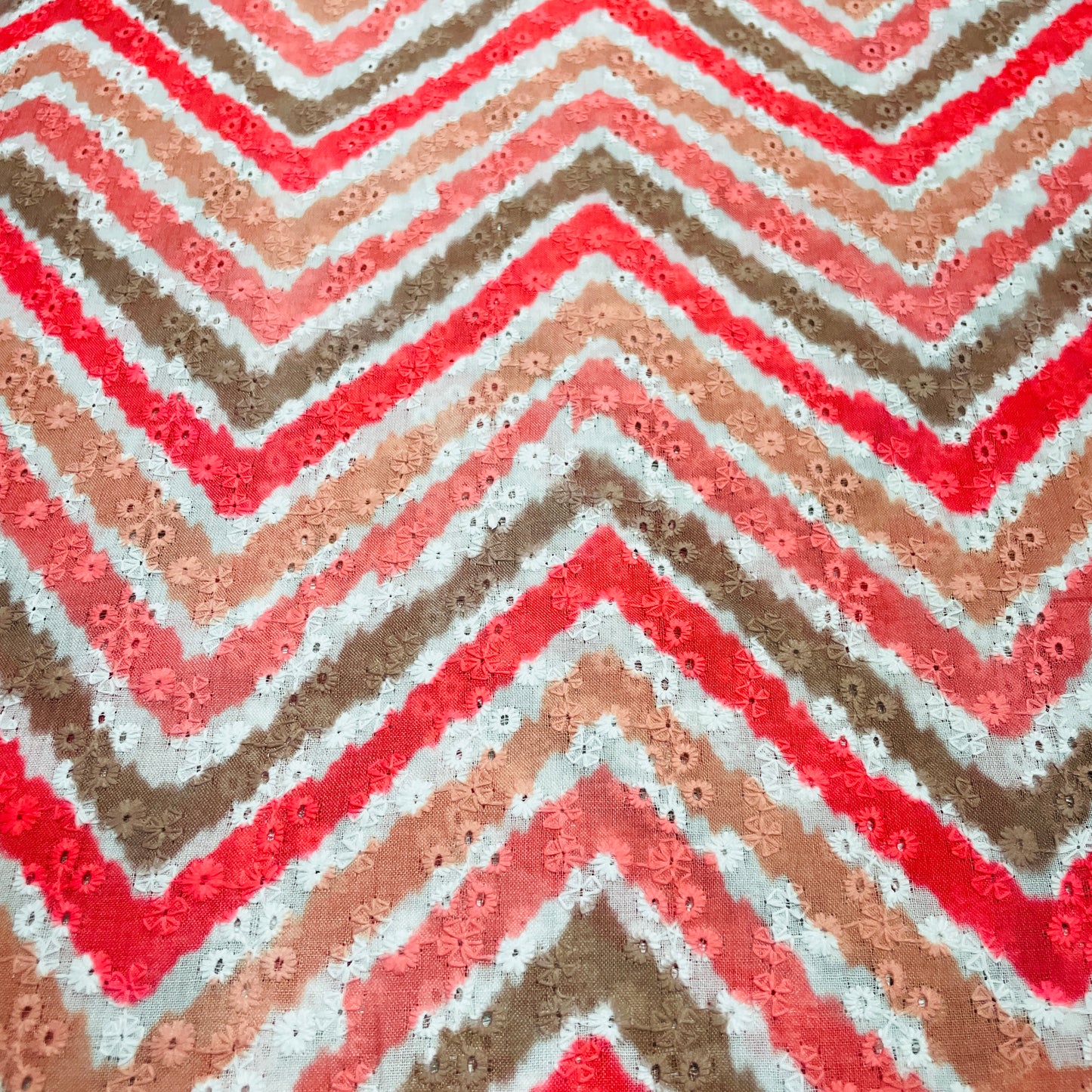 Red & Multicolor Chevron Embroidery Schiffli Cotton Schiffli Fabric