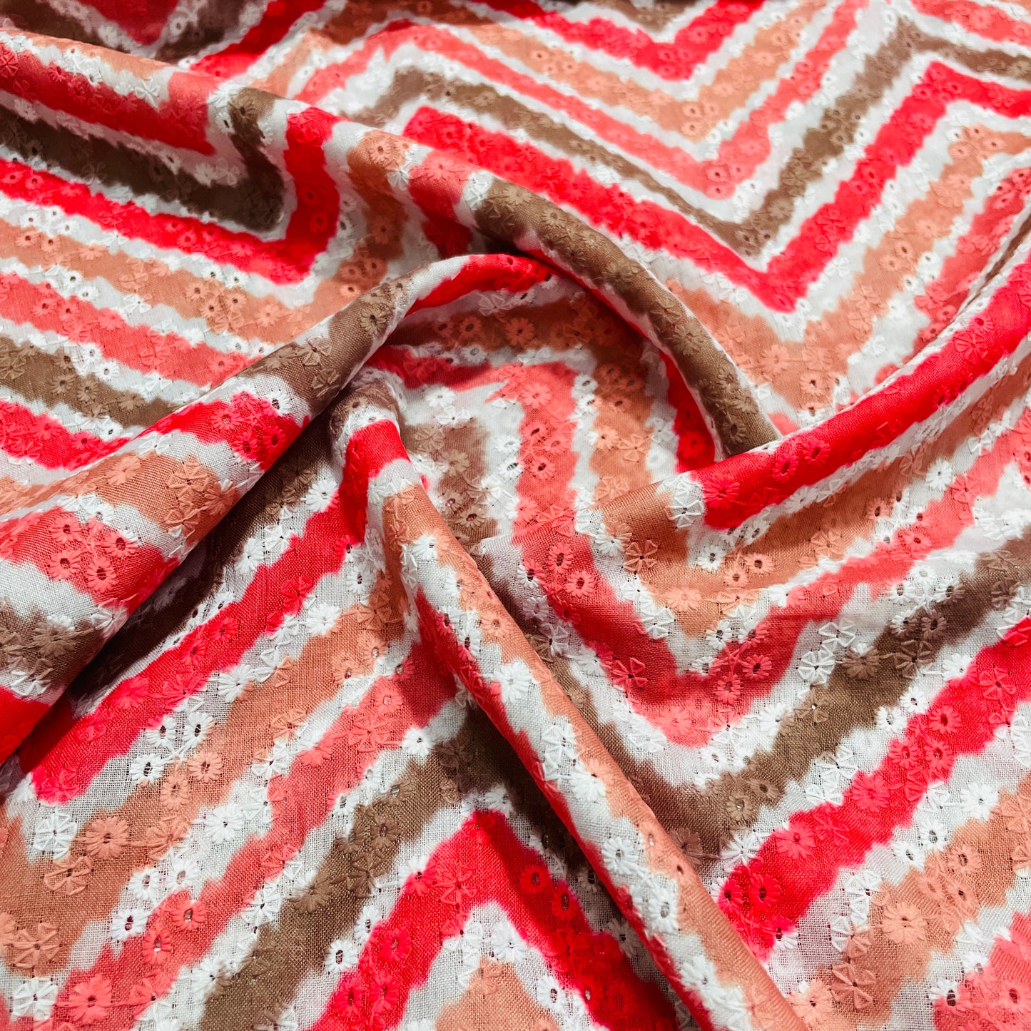 Red & Multicolor Chevron Embroidery Schiffli Cotton Schiffli Fabric
