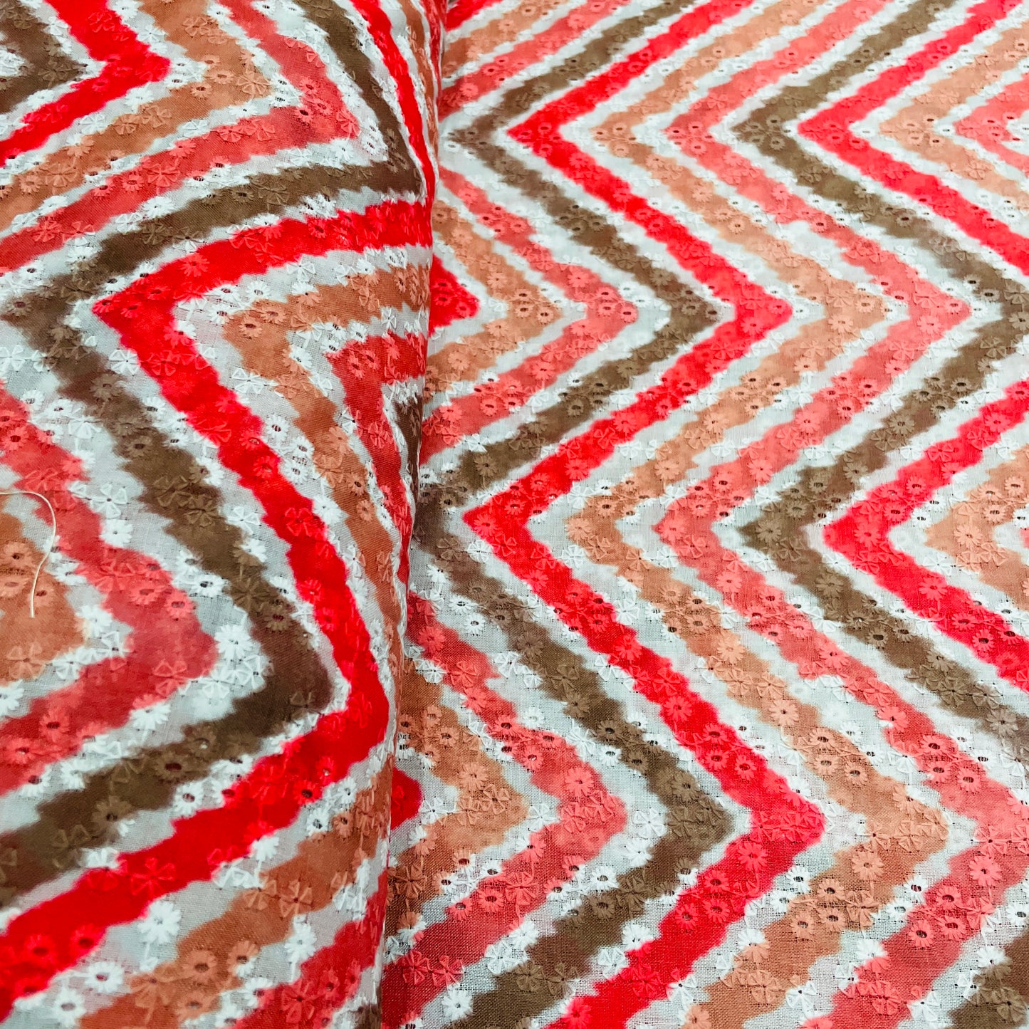Red & Multicolor Chevron Embroidery Schiffli Cotton Schiffli Fabric