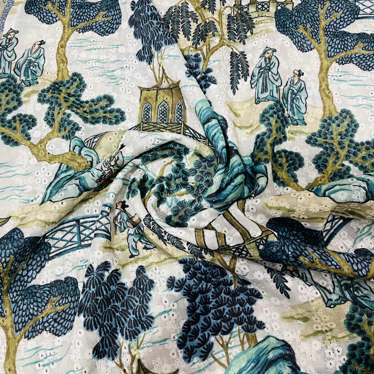 Green Floral Embroidery Cotton Schiffli Fabric