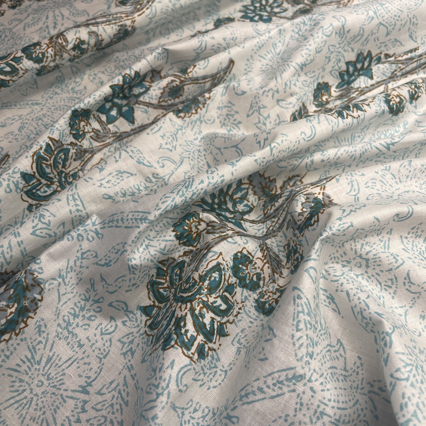 White Green Floral Print Cotton Fabric