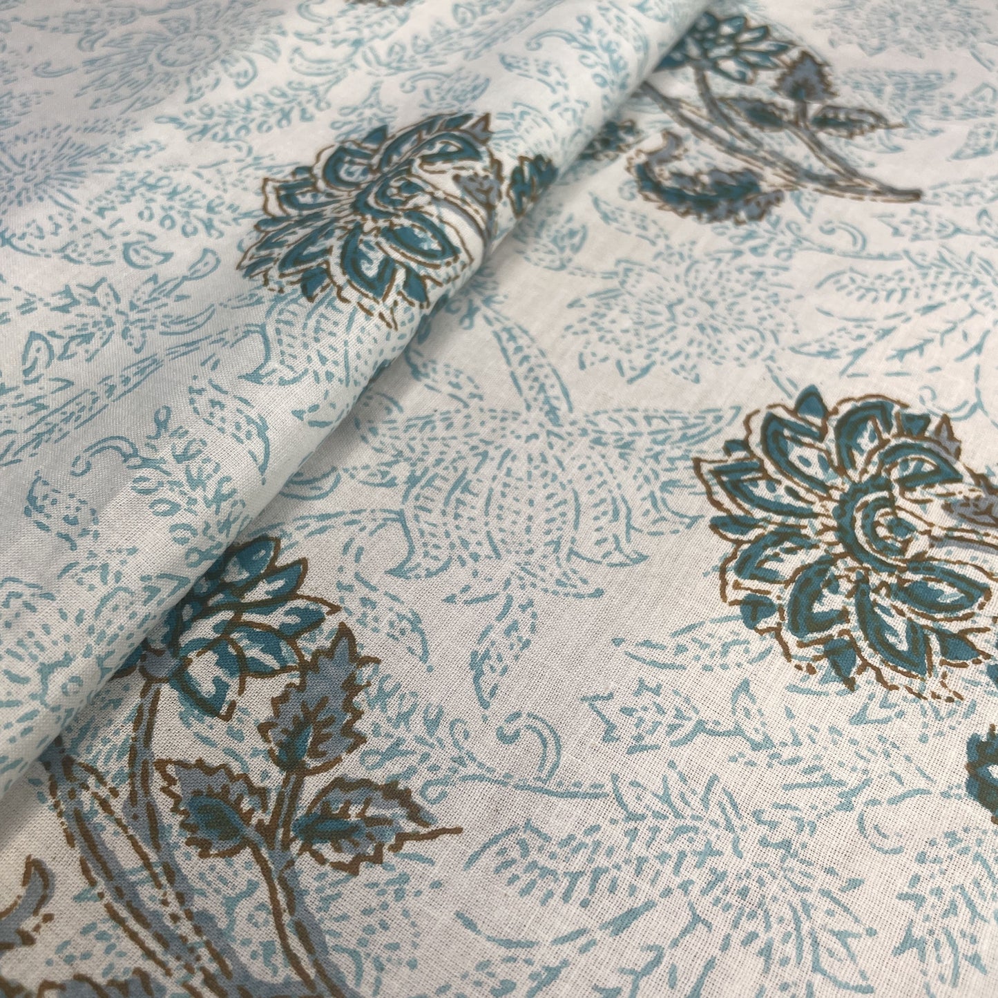 White Green Floral Print Cotton Fabric