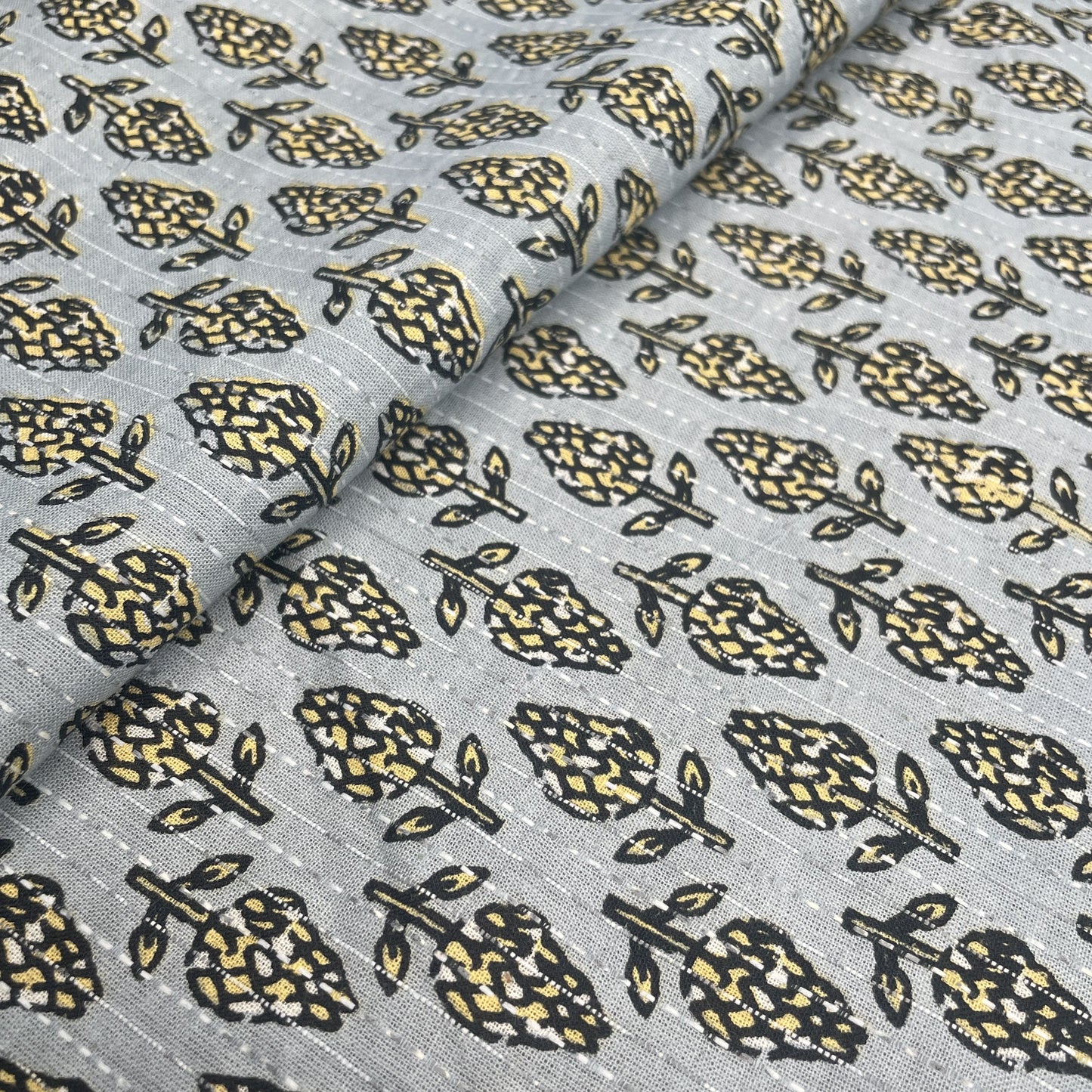Grey & Yellow Handblock Kantha Cotton Fabric