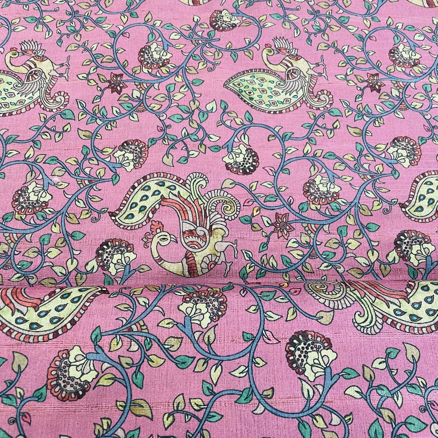 Dull Pink & Multicolor Floral Slub Tusser Silk Fabric