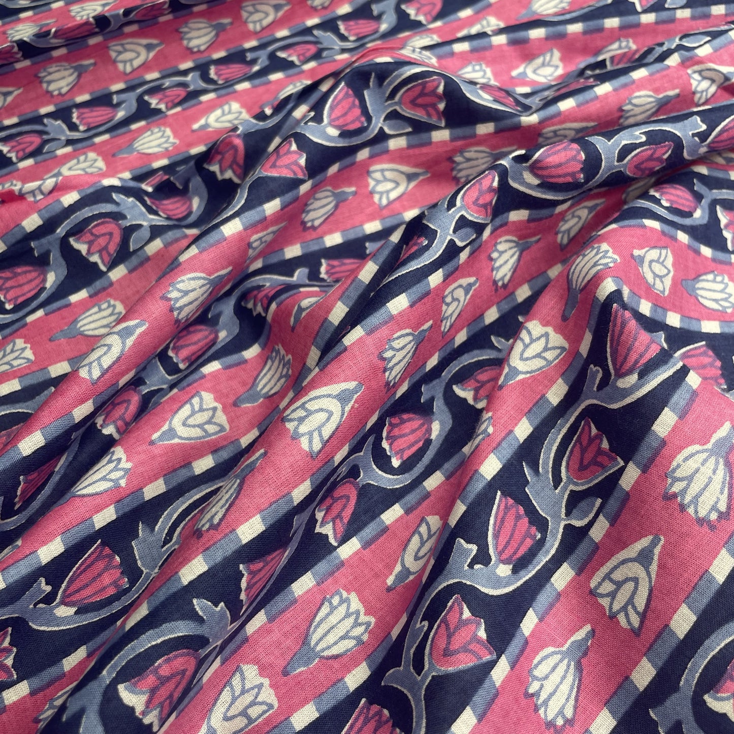 Pink Blue Flower Print Cotton Fabric