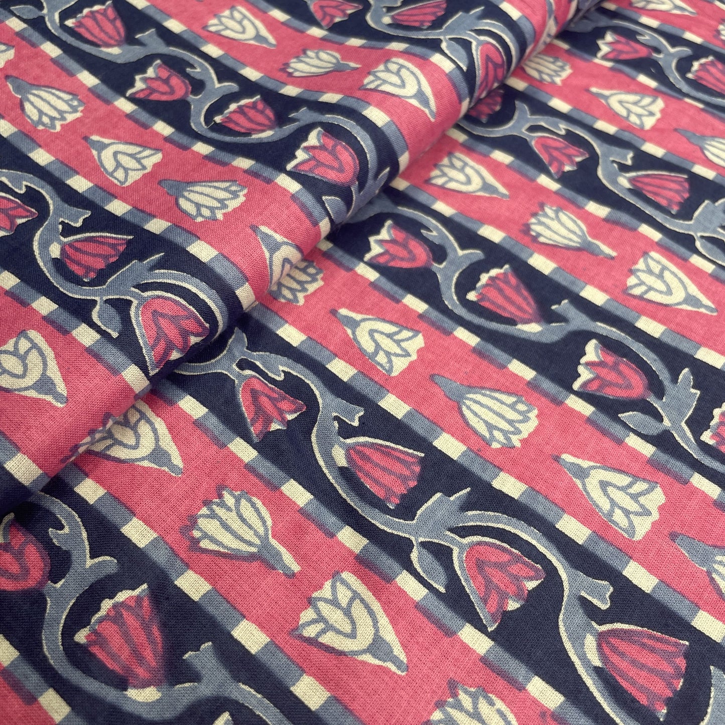 Pink Blue Flower Print Cotton Fabric