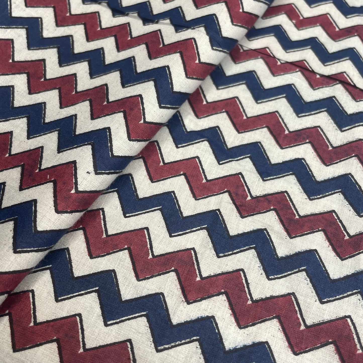 White Blue Chevron Print Cotton Fabric