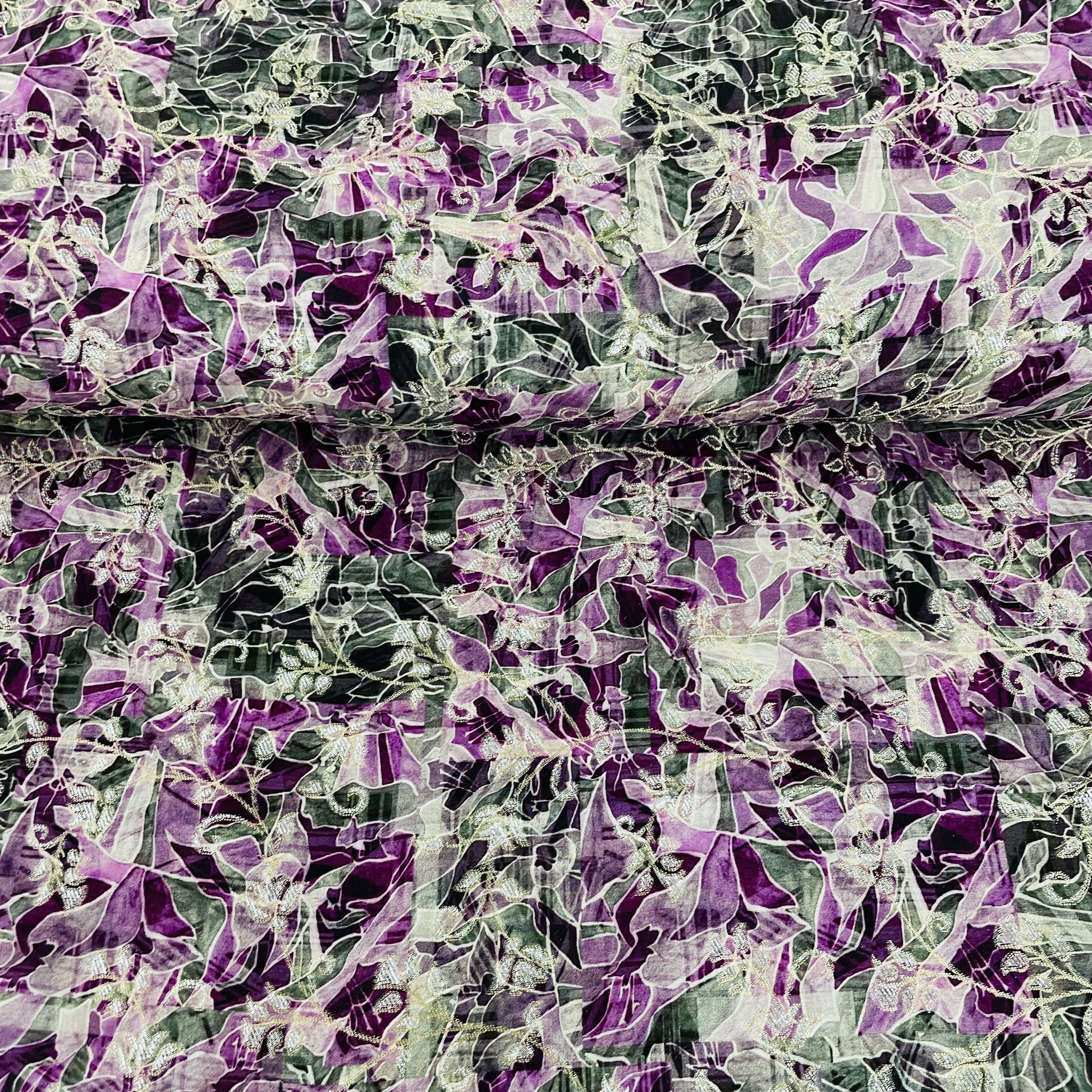 Exclusive Purple & Black Flora Print Dola Silk Jacquard Fabric