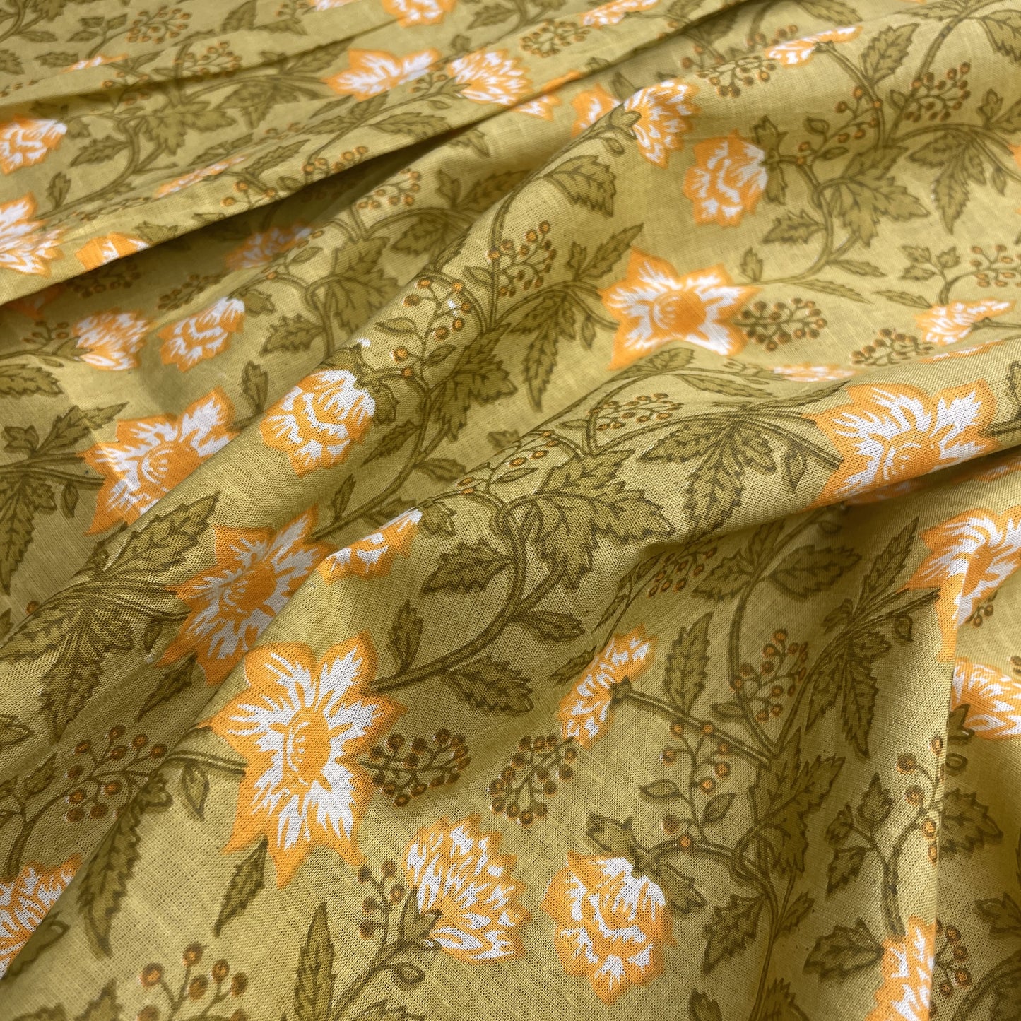 Olive Green Floral Print Cotton Fabric