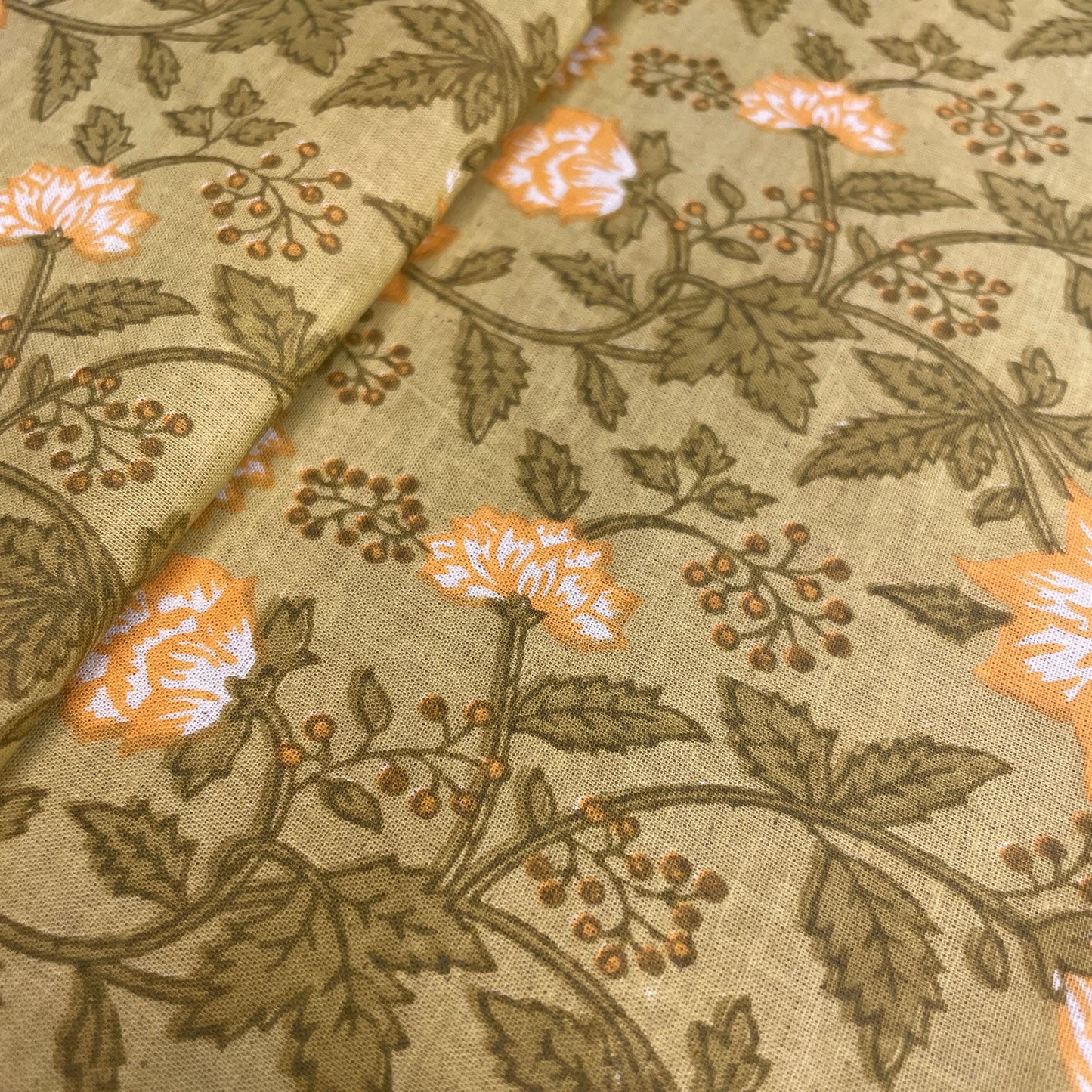 Olive Green Floral Print Cotton Fabric
