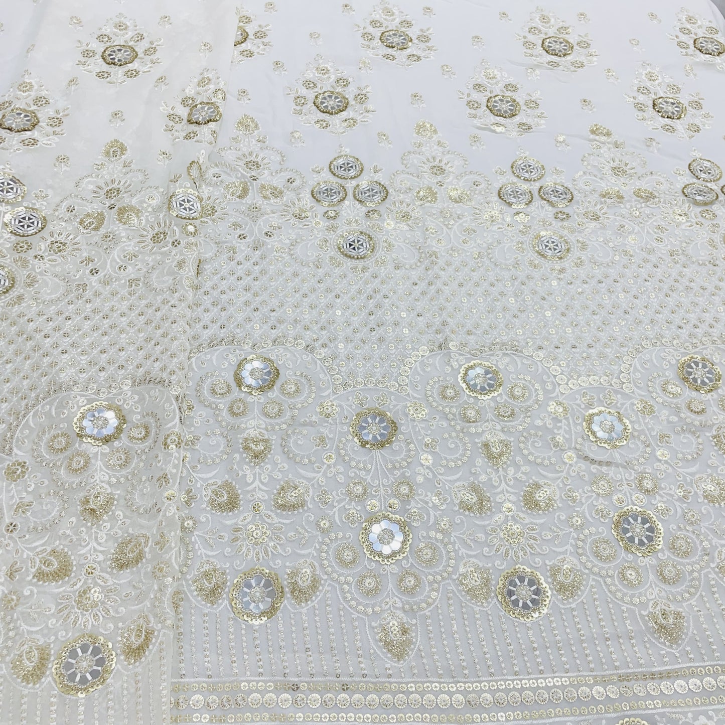 White & Golden Floral Sequence Embroidery Dyeable Georgette Fabric
