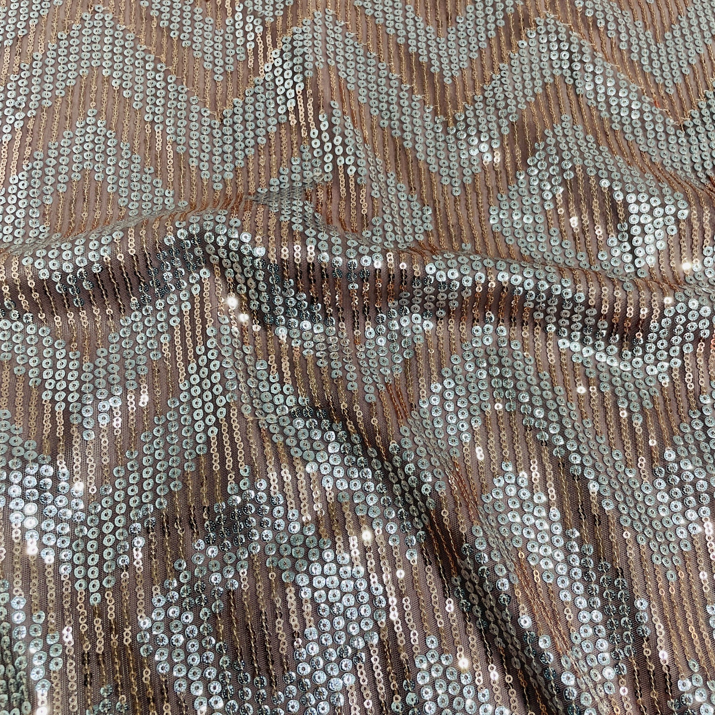 Peach Pink With Brown Silver Chevron Sequence Embroidery Net Fabric - TradeUNO